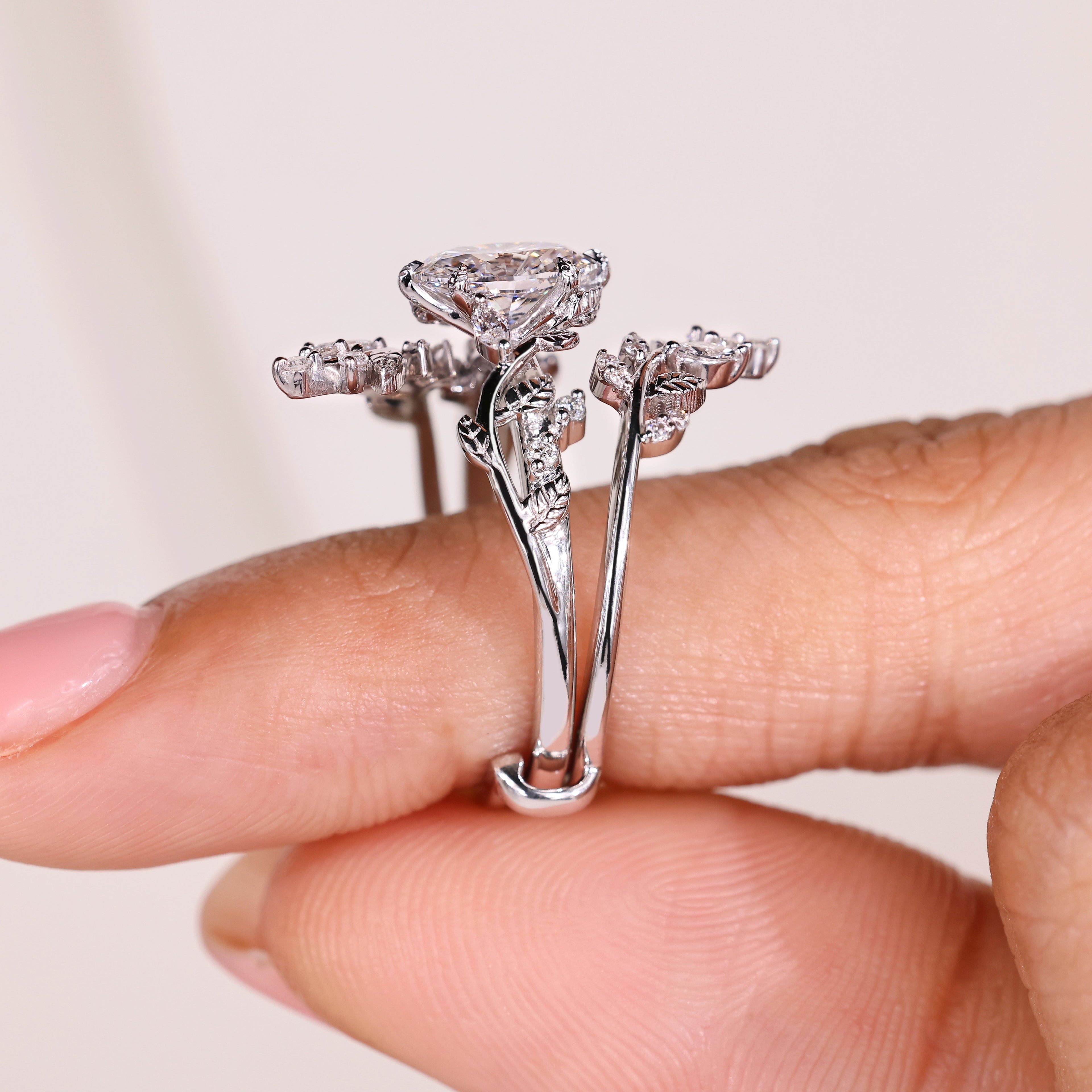 Oval Engagement Ring with Wedding Band in Nature Inspired Style