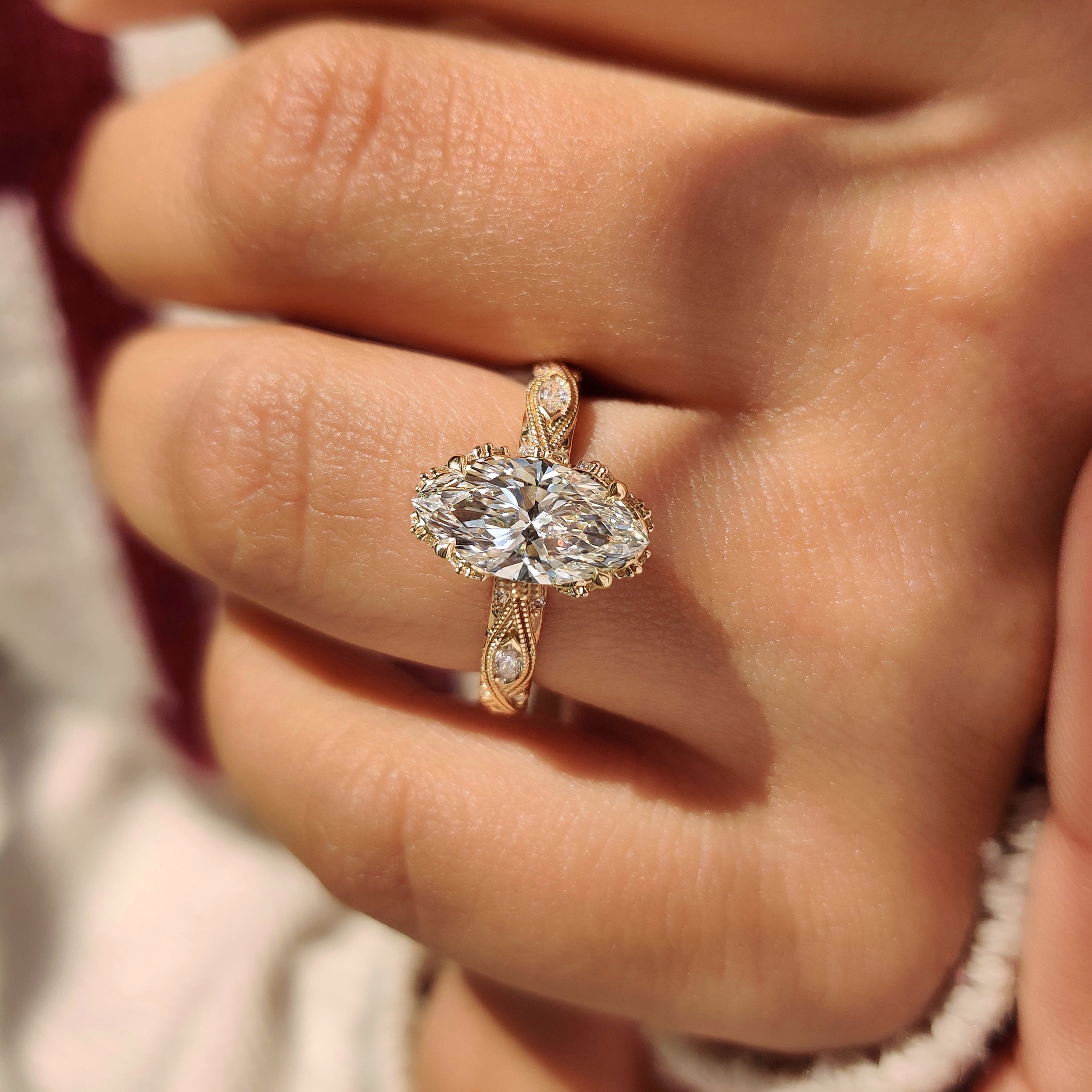 Marquise Cut Diamond Ring with Hidden Flower Crown