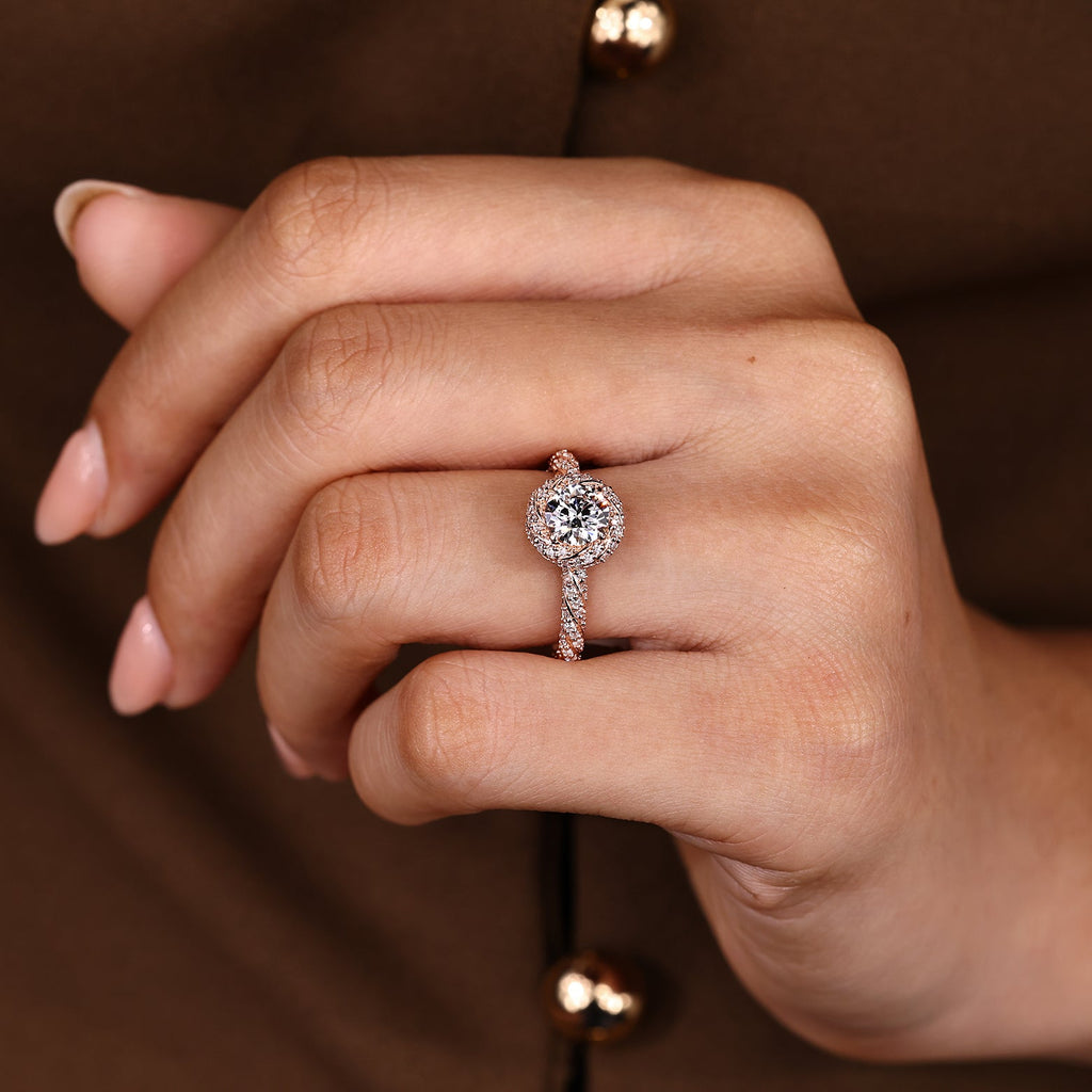 Round Cut Diamond Ring in Halo Style with Twisted Design