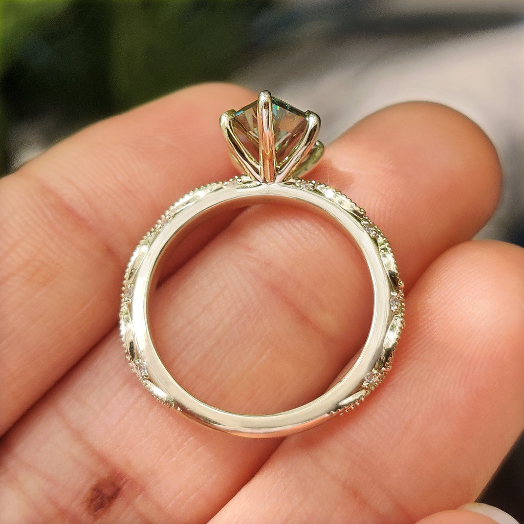 Green Dutch Marquise Engagement Ring with Milgrain Details