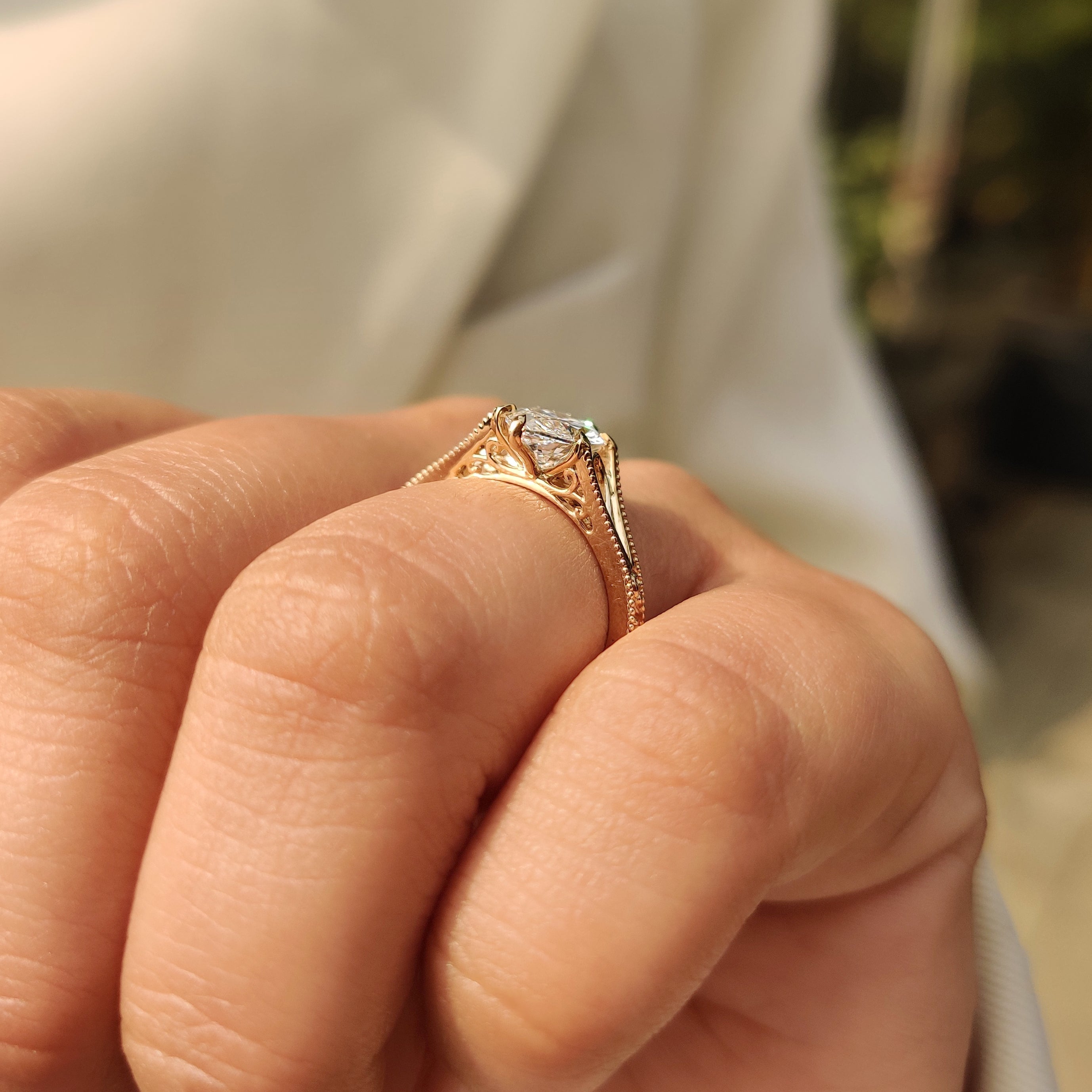 Solitaire Style Marquise Cut Diamond Ring in Milgrain Details