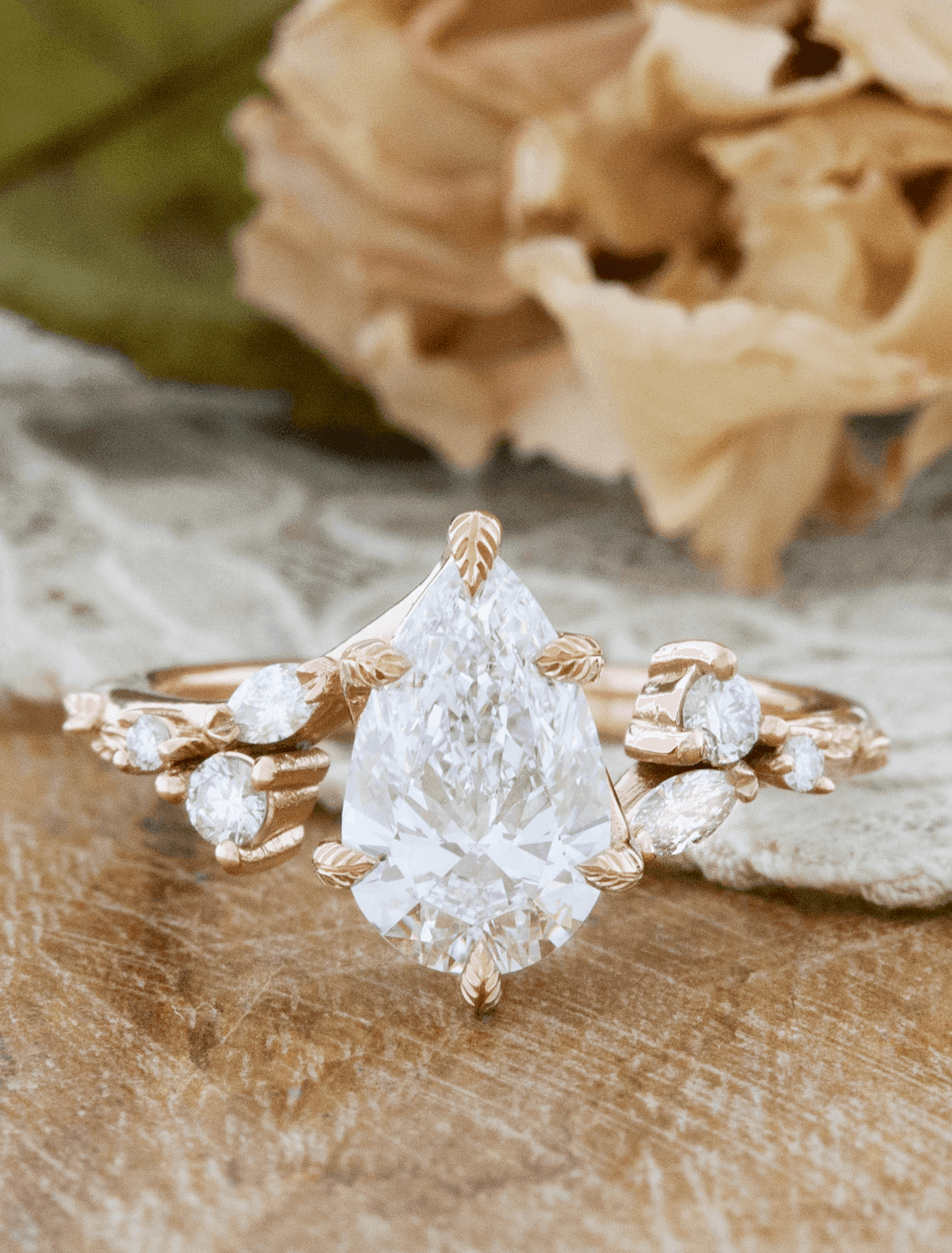 1.2 ct amazing pear cut moissanite whimsical nature inspire engagement rings