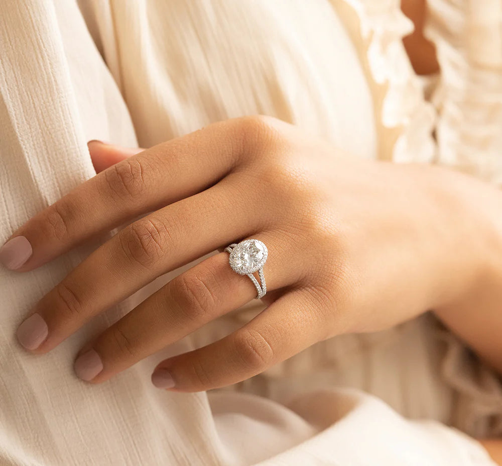 2.29 CT Oval Moissanite Halo Split Shank Style Engagement Ring