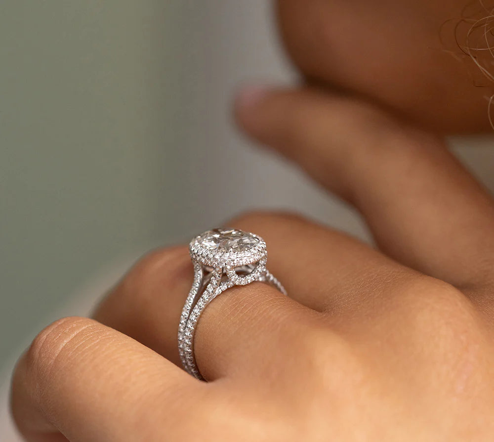 2.29 CT Oval Moissanite Halo Split Shank Style Engagement Ring