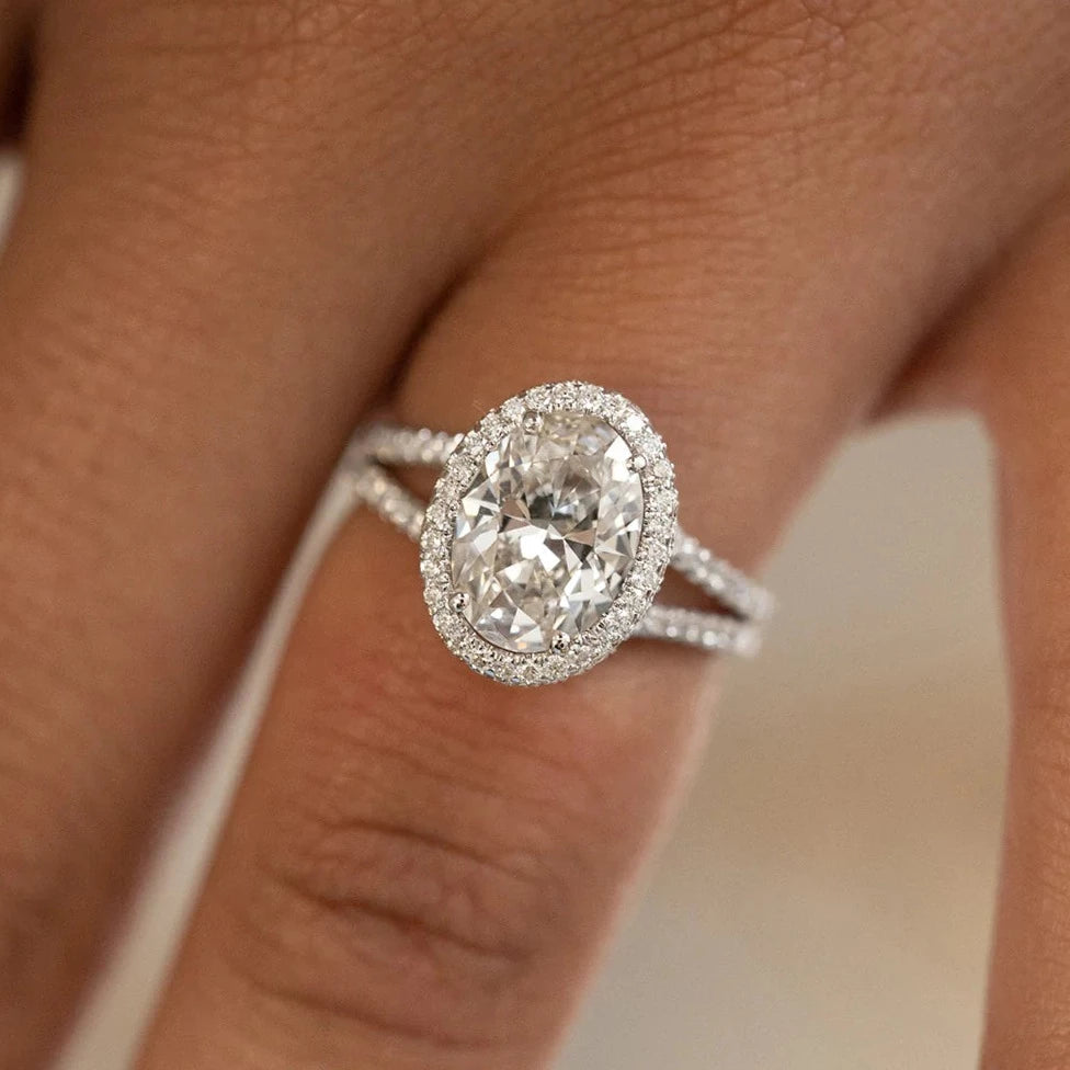2.29 CT Oval Moissanite Halo Split Shank Style Engagement Ring