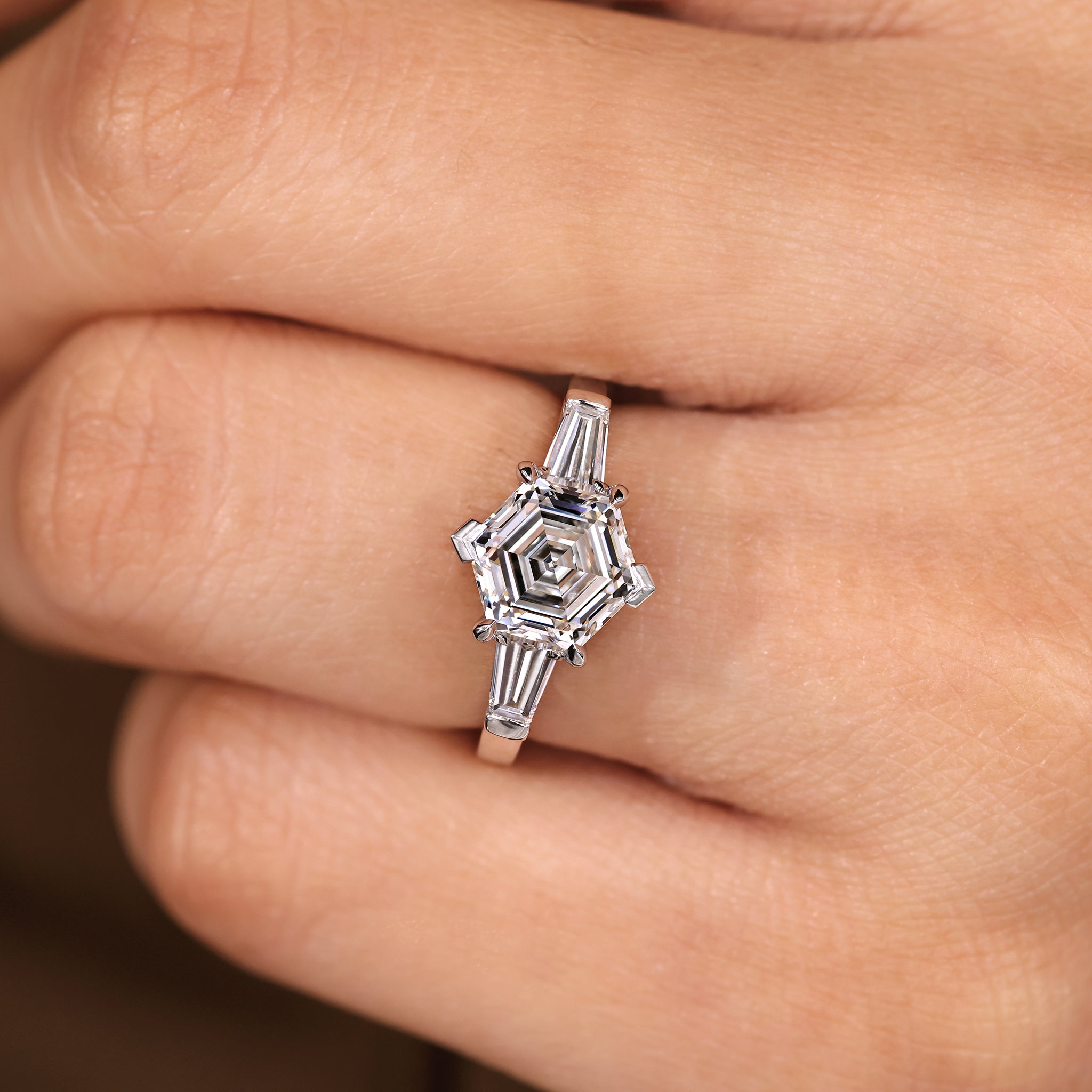 Hexagon and Tapered Baguette Cut Three Diamond Ring
