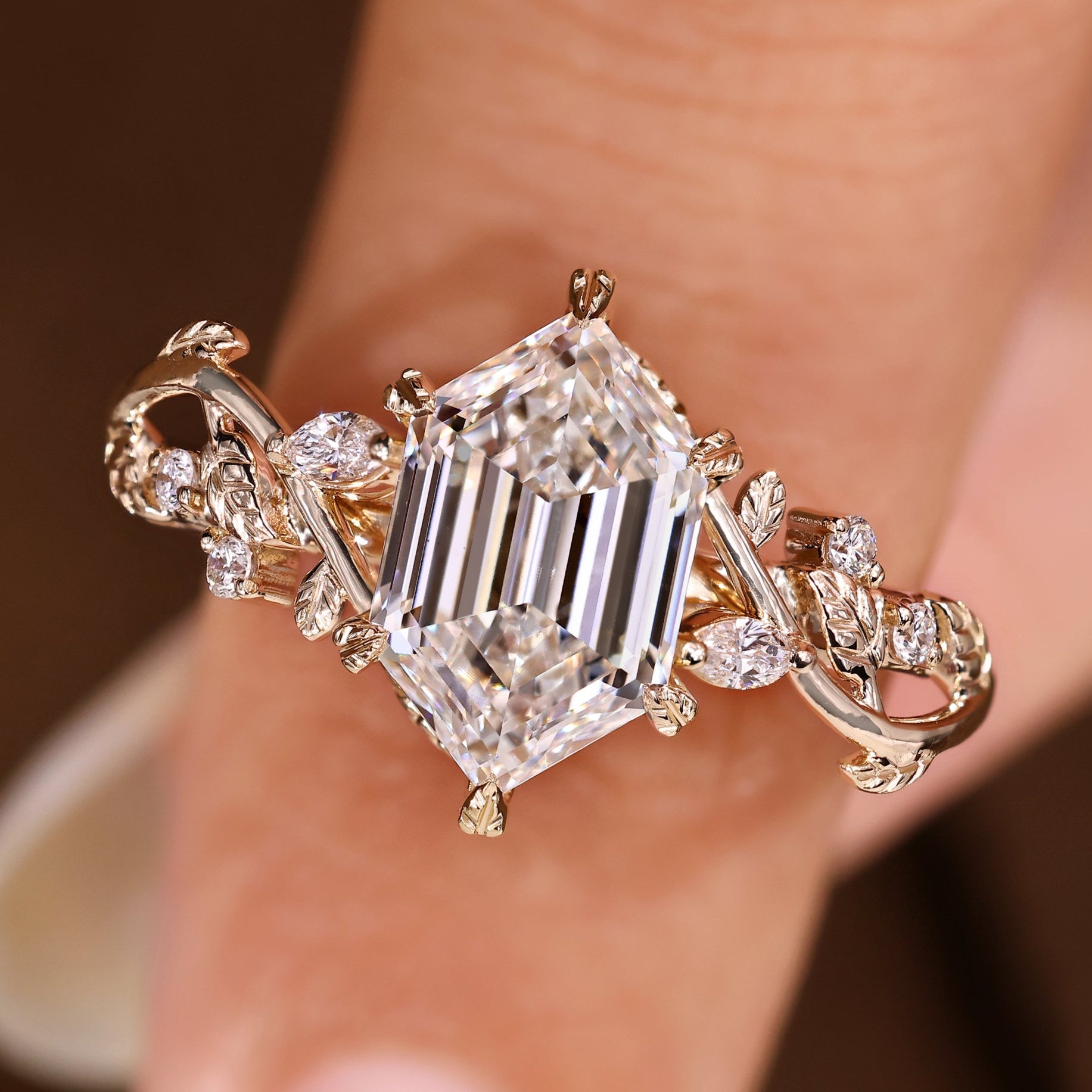 Nature Inspired Ring with Elongated Hexagon Step Cut Diamond