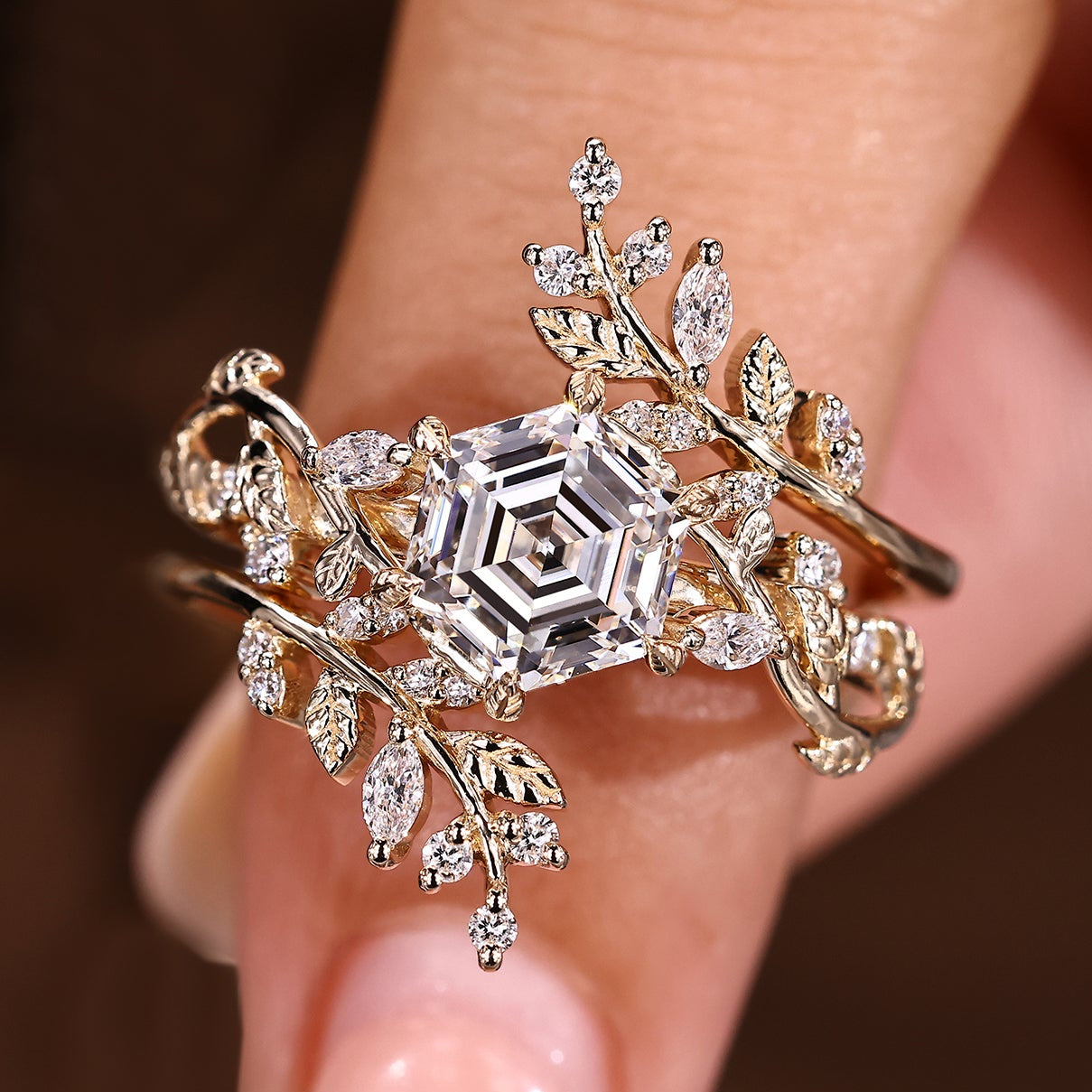 Hexagon Engagement Ring With Wedding Band In Nature Inspired Style Main image