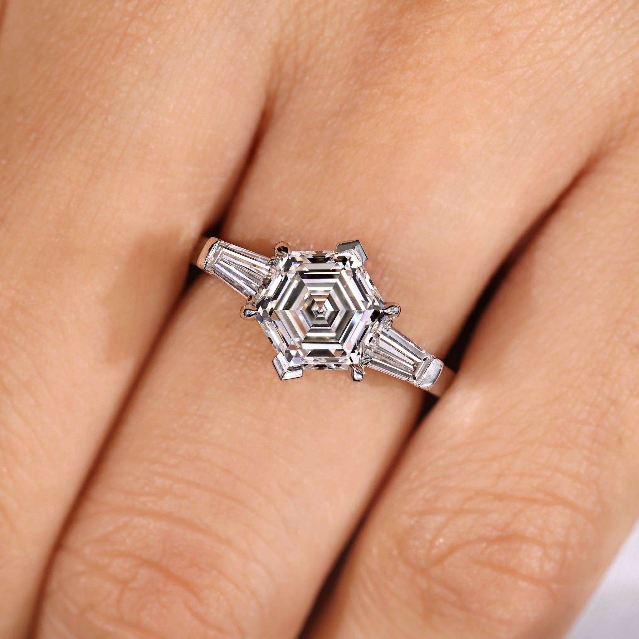 Hexagon and Tapered Baguette Cut Three Diamond Ring Secondary image