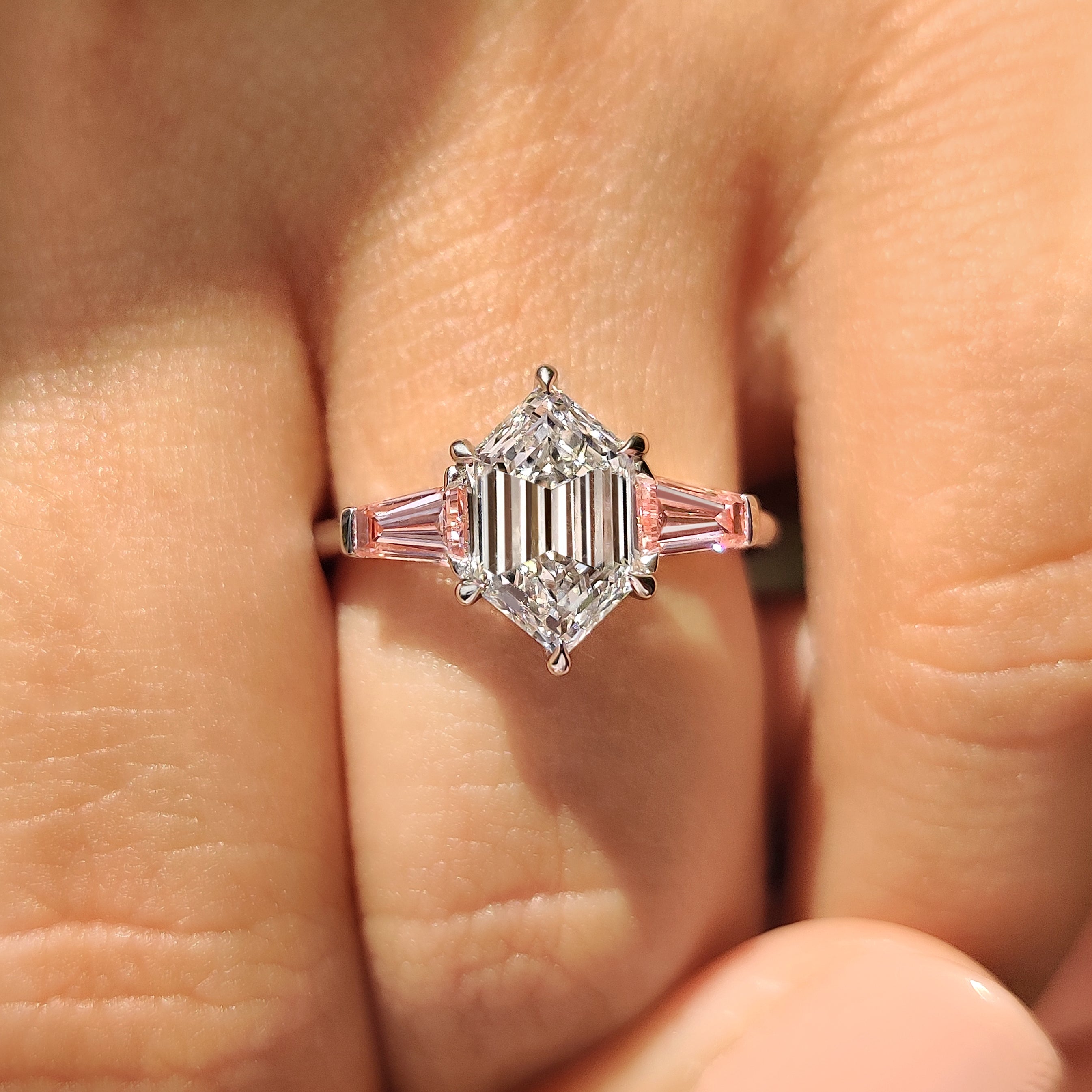 Hexagon Cut Three Stone Engagement Ring with Pink Side Stone
