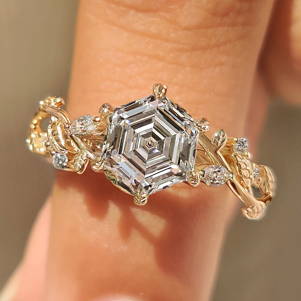 Nature Inspired Hexagon Cut Engagement Ring in Cluster Setting