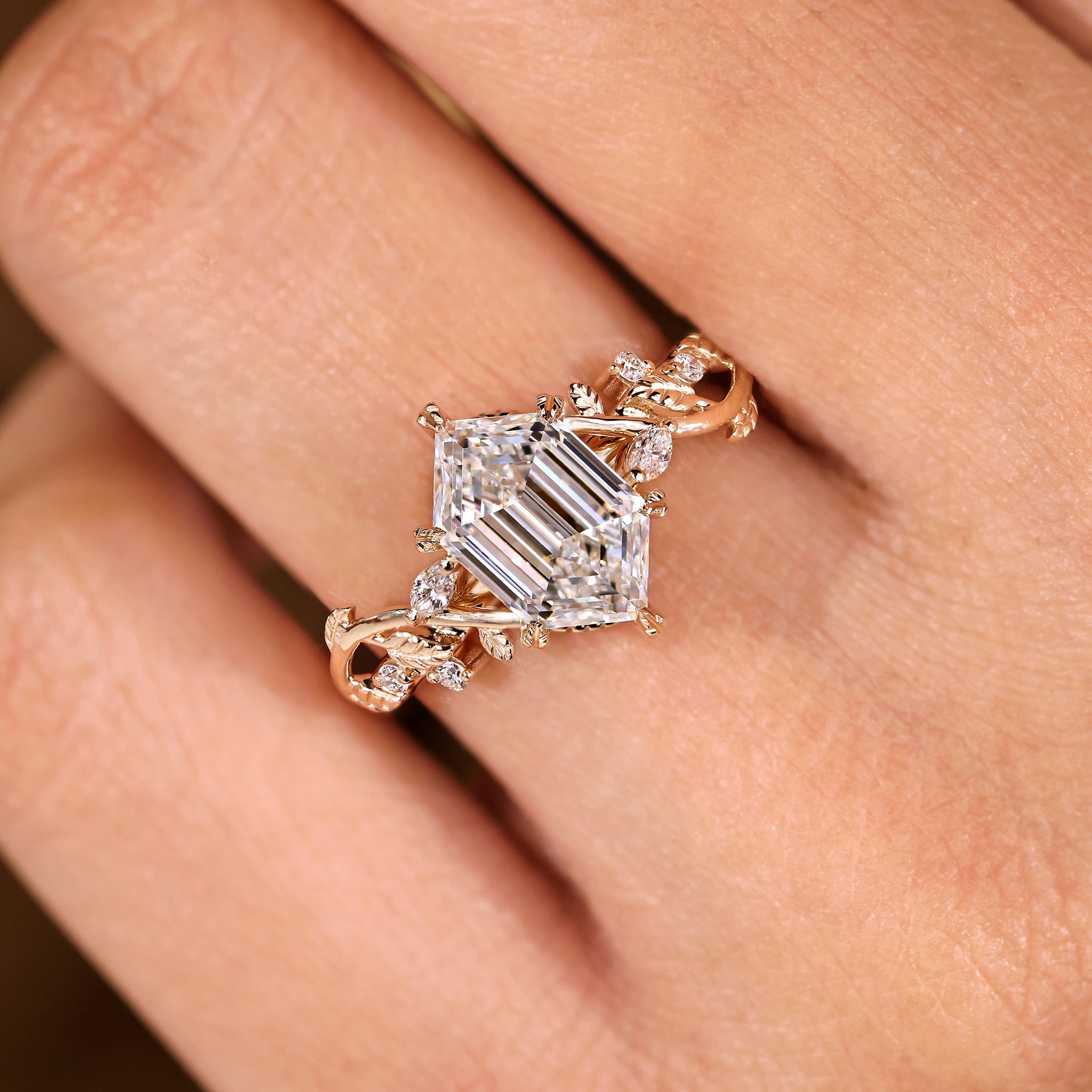 Nature Inspired Ring with Elongated Hexagon Step Cut Diamond Secondary image