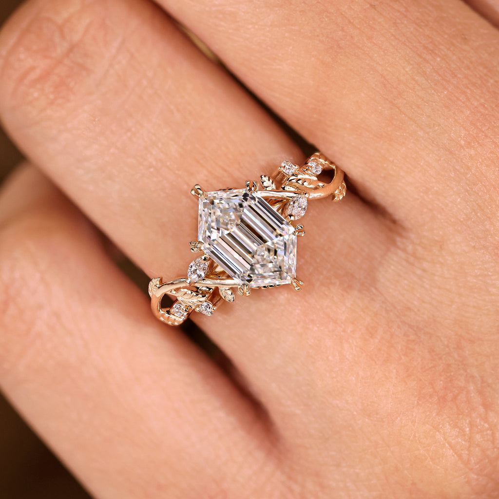 Nature Inspired Ring with Elongated Hexagon Step Cut Diamond
