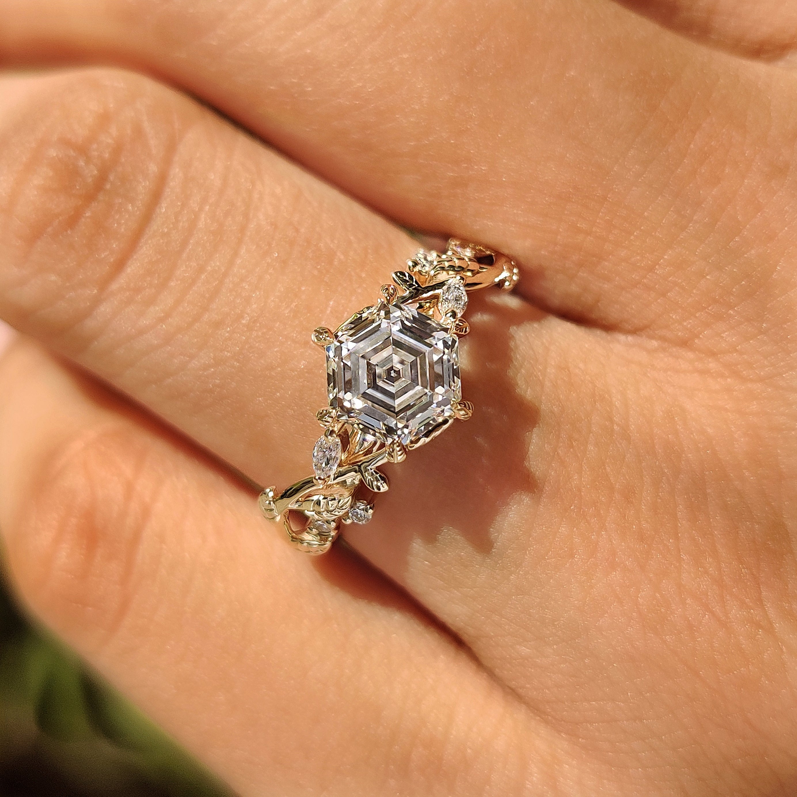 Nature Inspired Hexagon Cut Engagement Ring in Cluster Setting Secondary image