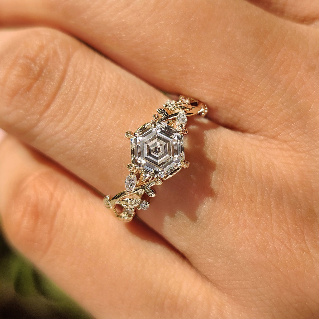 Nature Inspired Hexagon Cut Engagement Ring in Cluster Setting