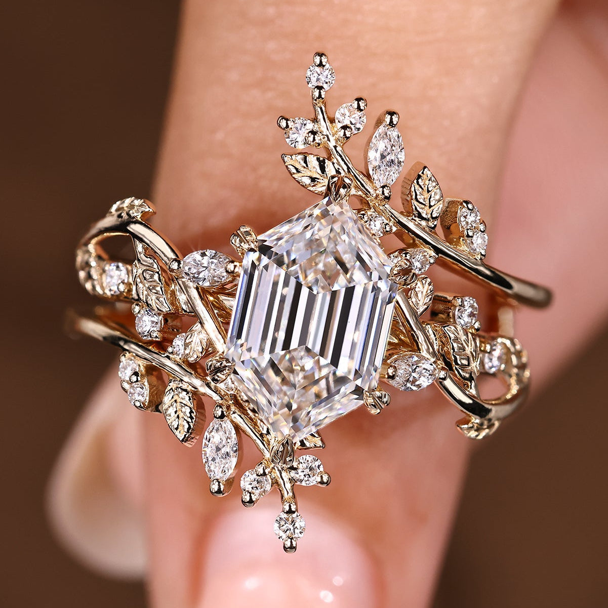 Hexagon Step Engagement Ring With Wedding Band In Nature Inspired