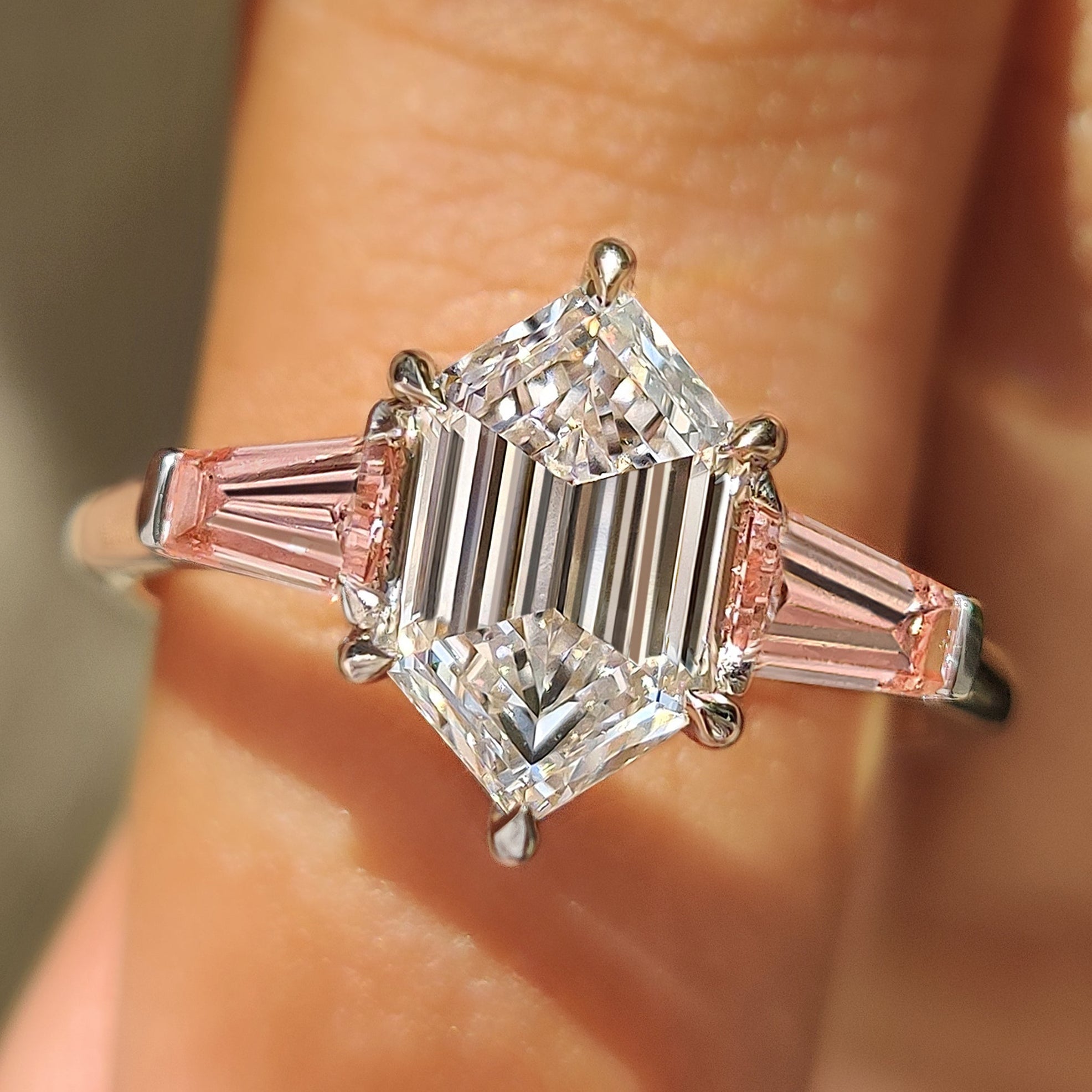 Hexagon Cut Three Stone Engagement Ring with Pink Side Stone Main image