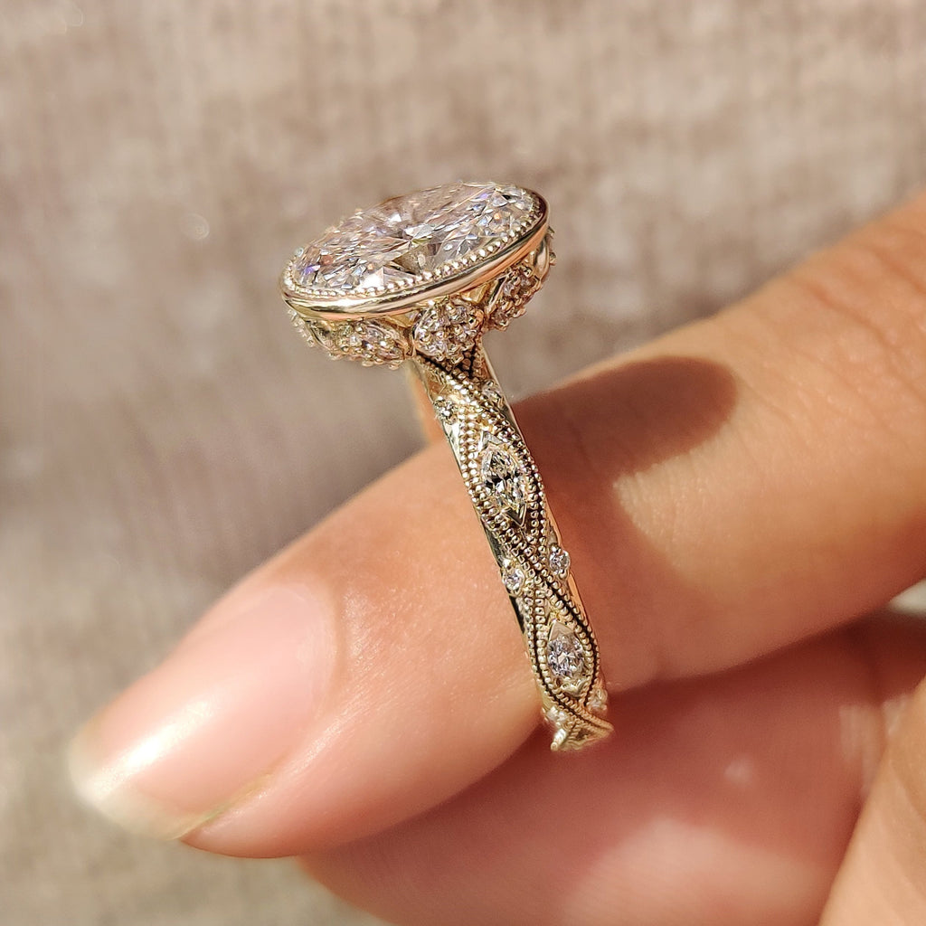 Oval Bezel Engagement Ring with Milgrain