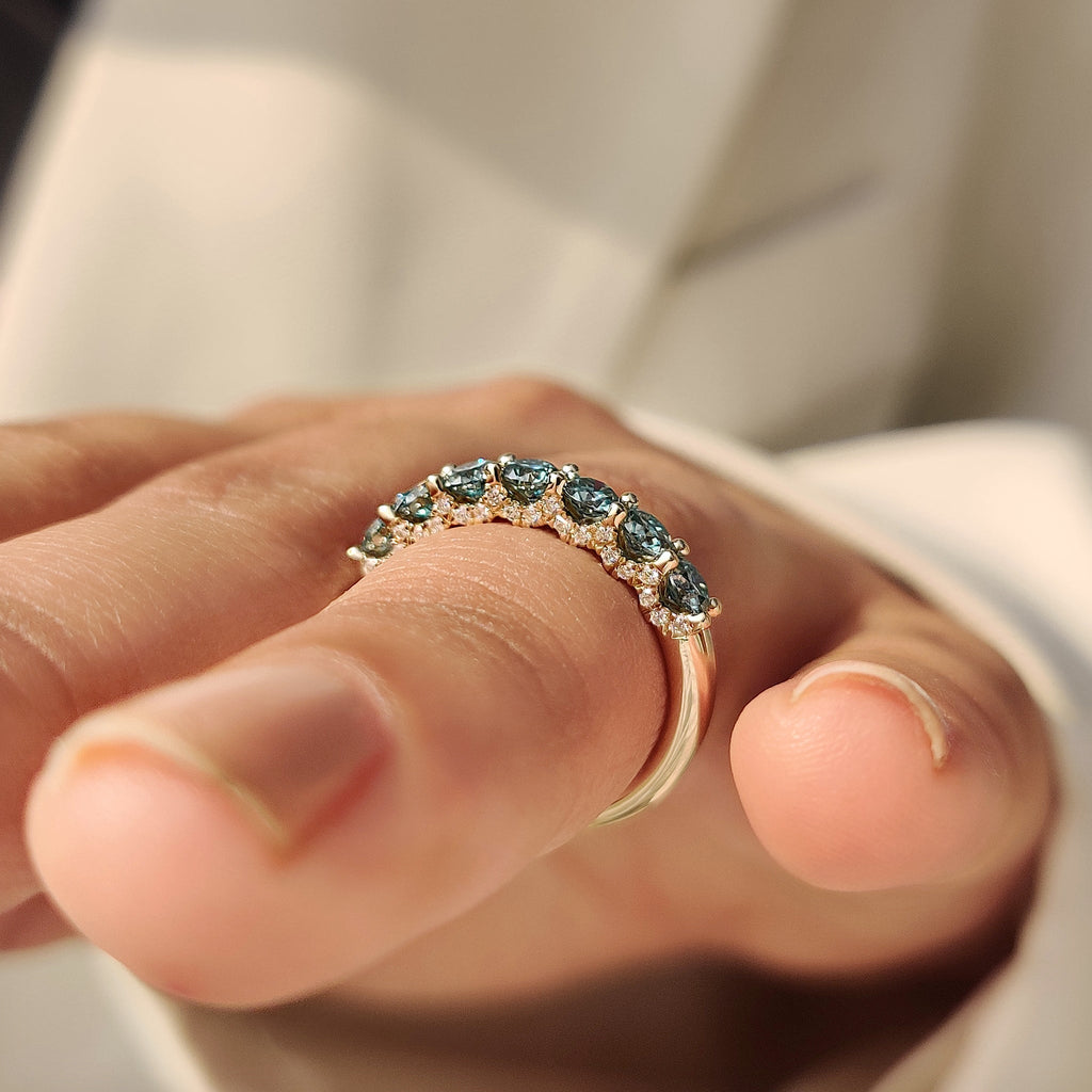 Blue Round Cut moissanite Half Eternity Wedding Band in Pave Style
