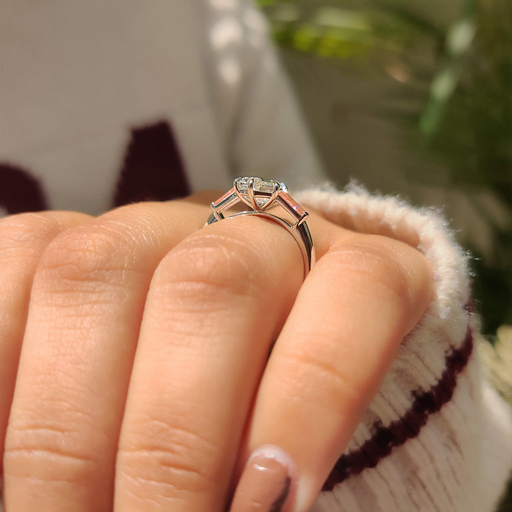 Hexagon Cut Three Stone Engagement Ring with Pink Side Stone
