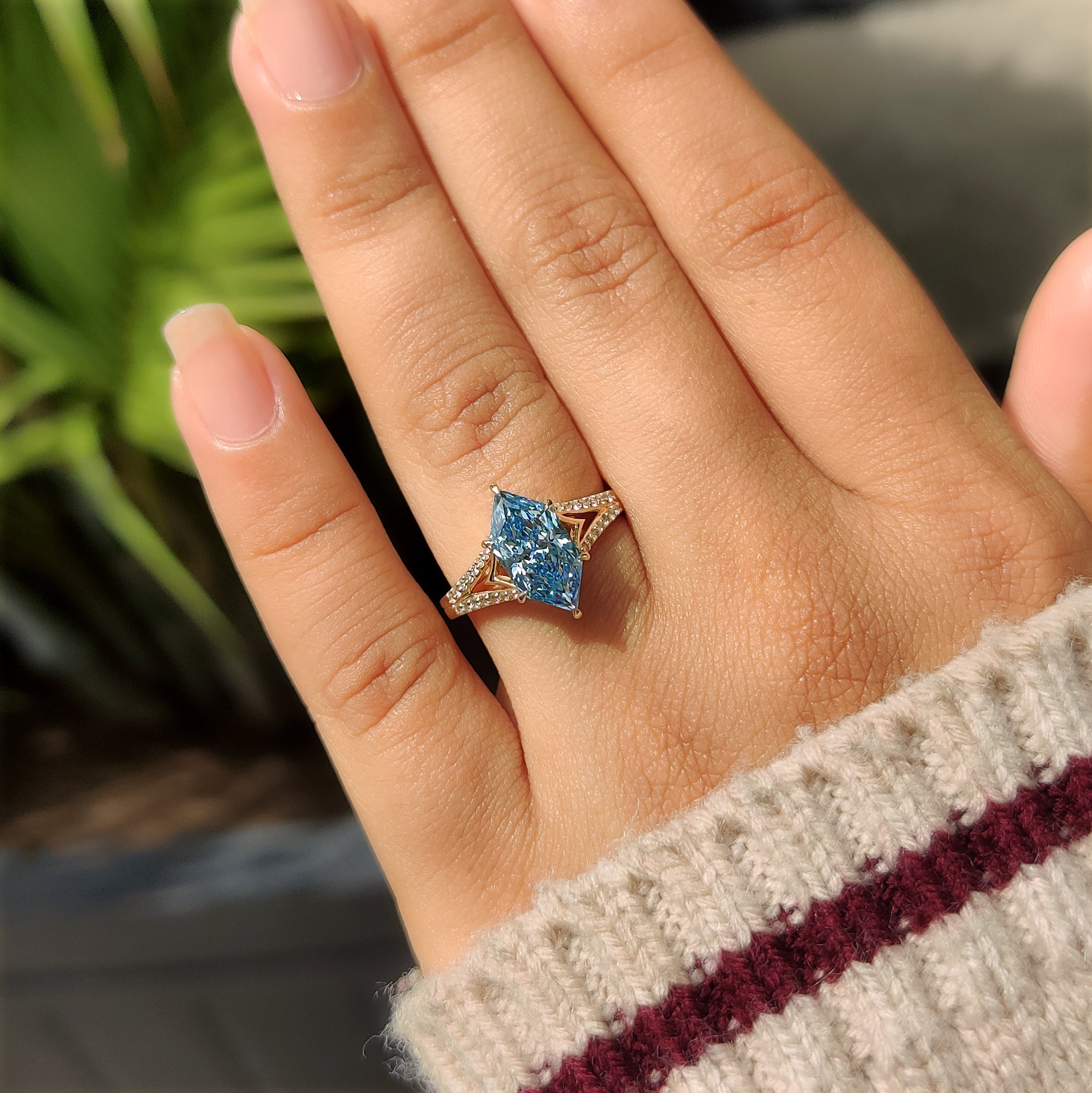 Blue Dutch Marquise Diamond Ring In Split Shank