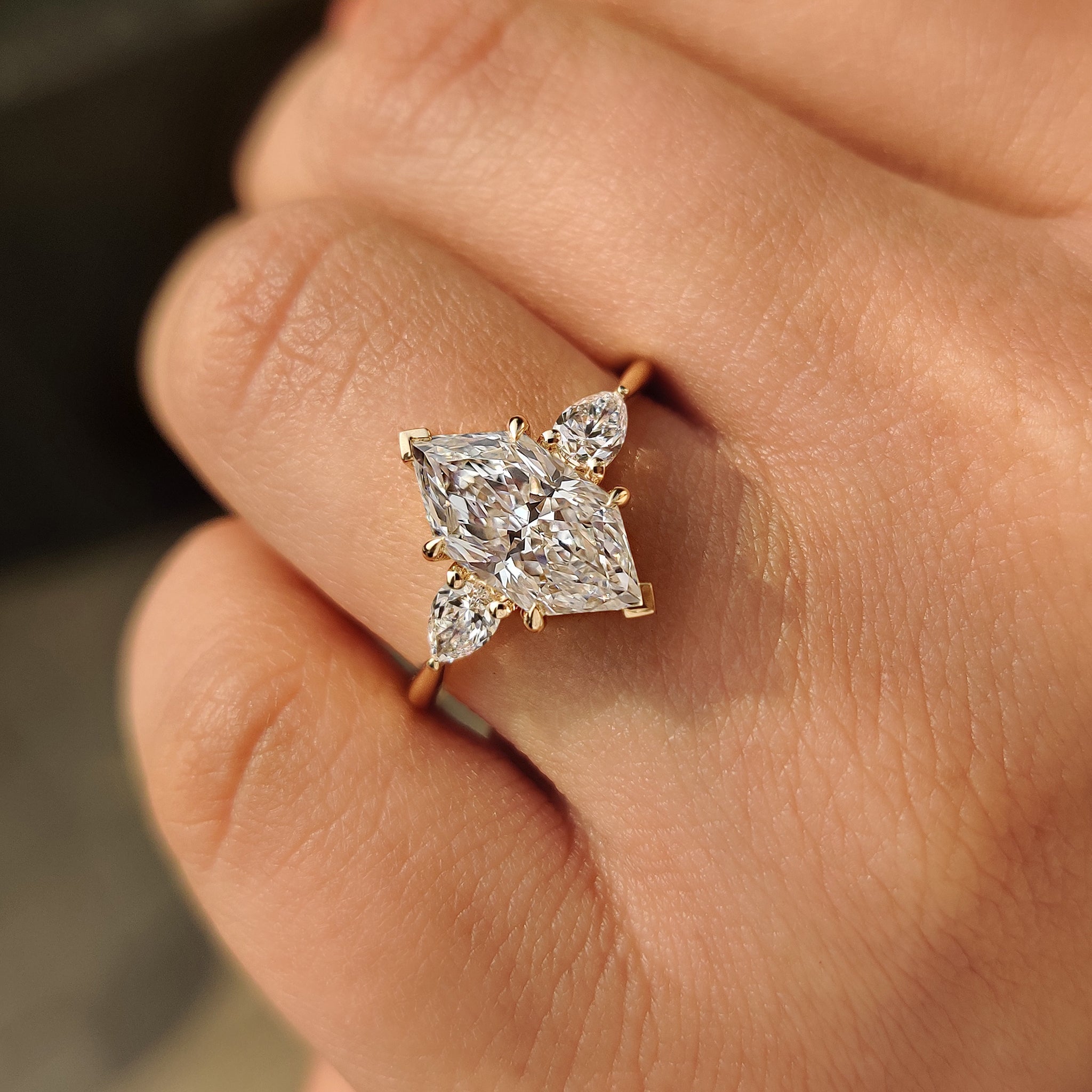Dutch Marquise Three Stone Engagement Ring in Tapered Shank