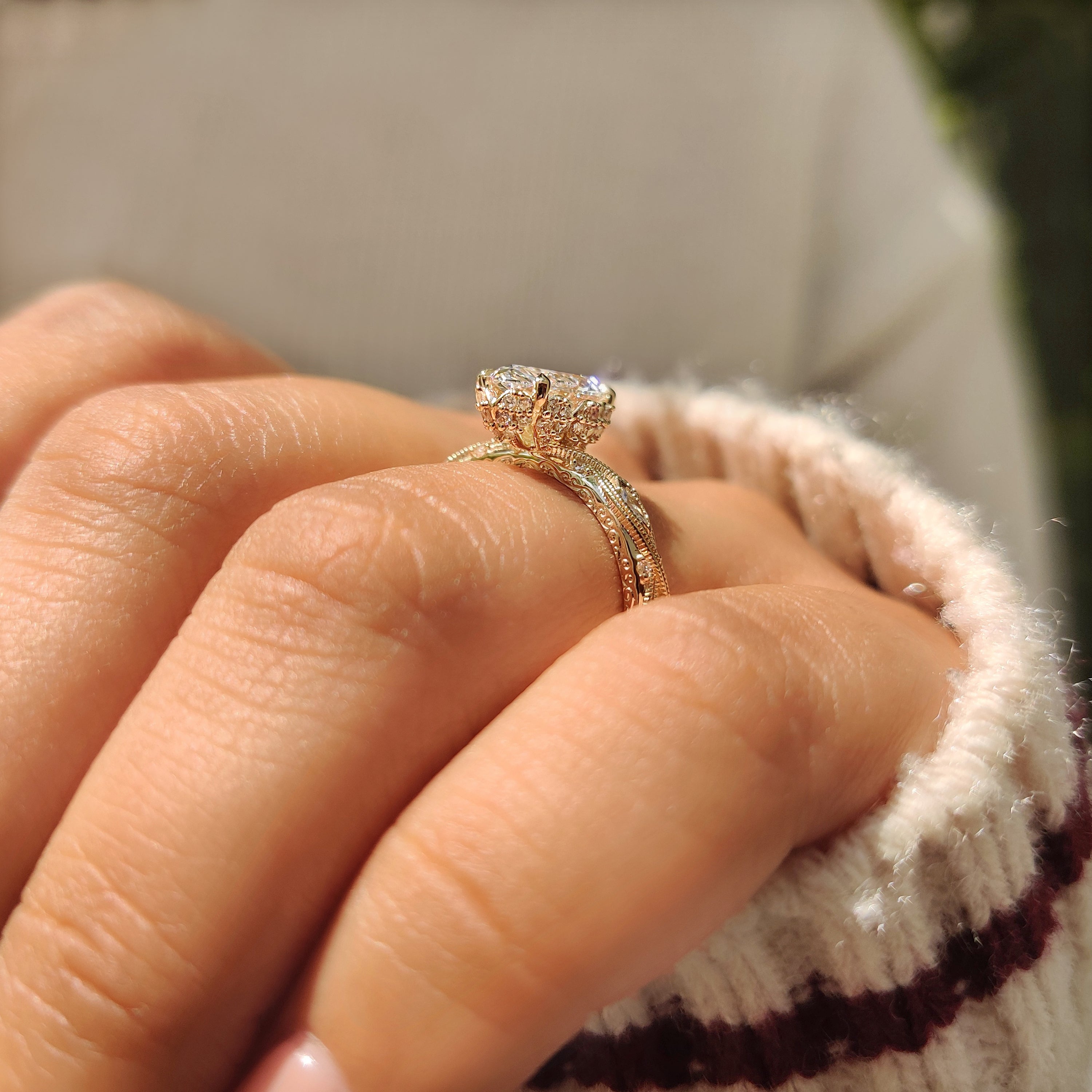 Marquise Cut Diamond Ring with Hidden Flower Crown