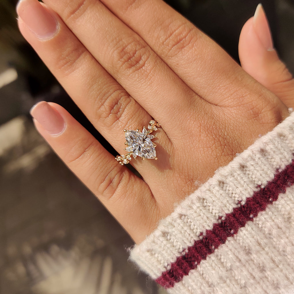 Marquise Diamond Ring in Nature Inspired Setting