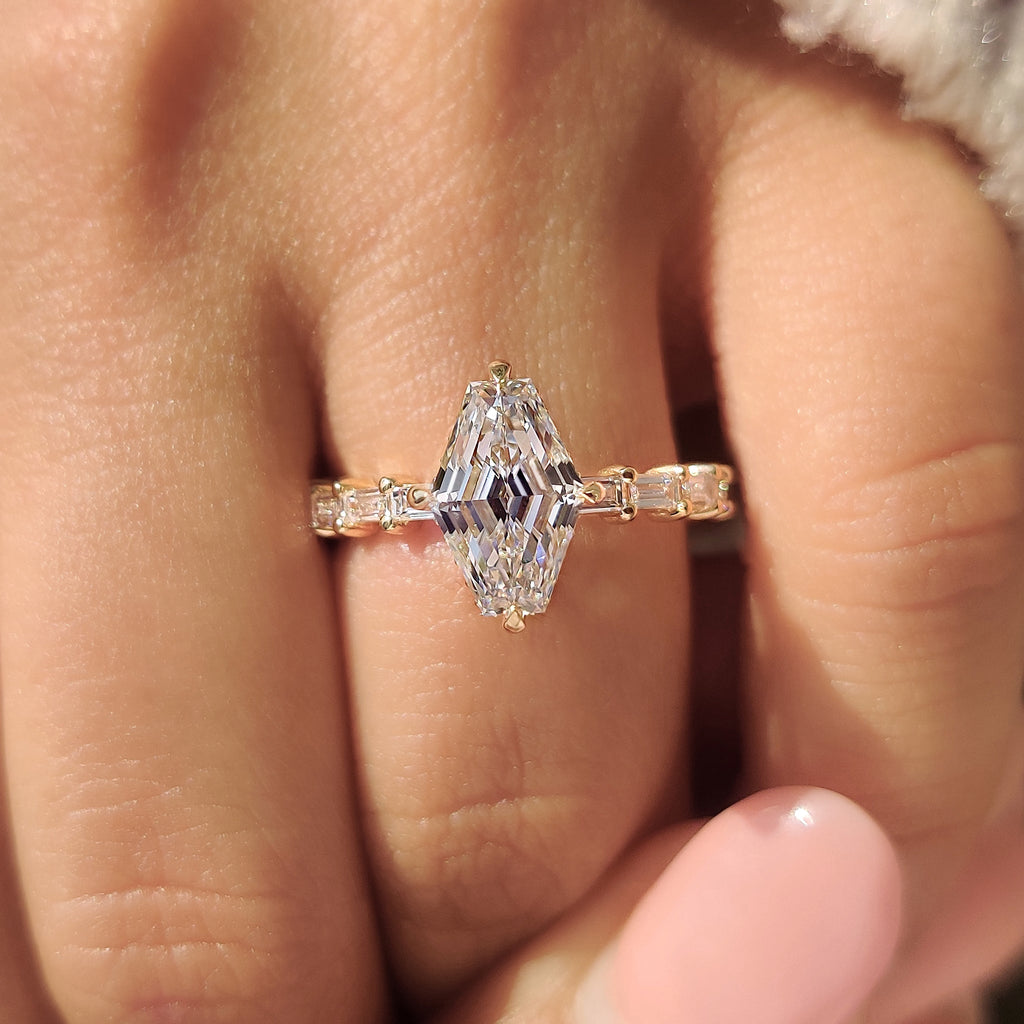 Squashed Hexagon Step Cut Ring with Baguette Cut Pave Band