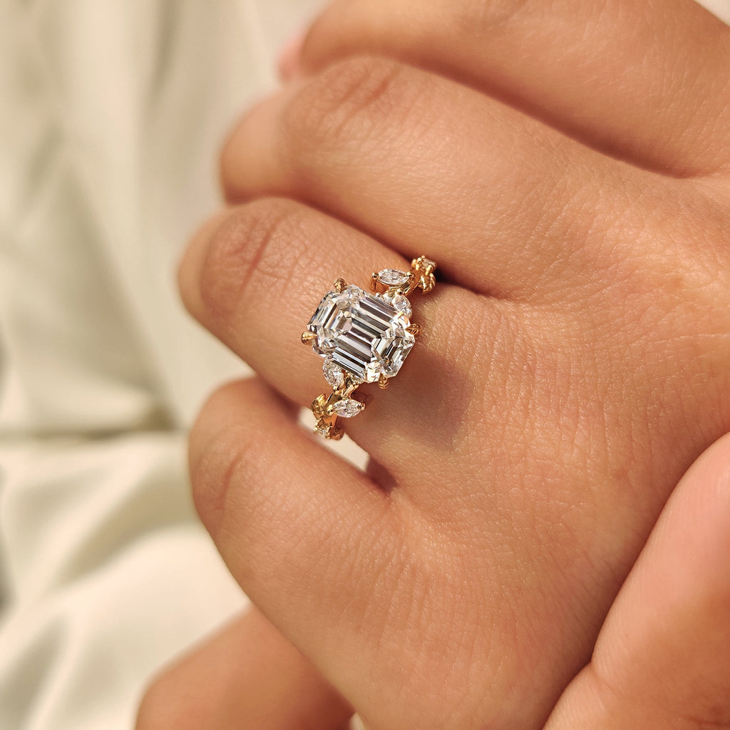 Old Mine Emerald Cut Nature Inspired Ring in Leaf Style Prong