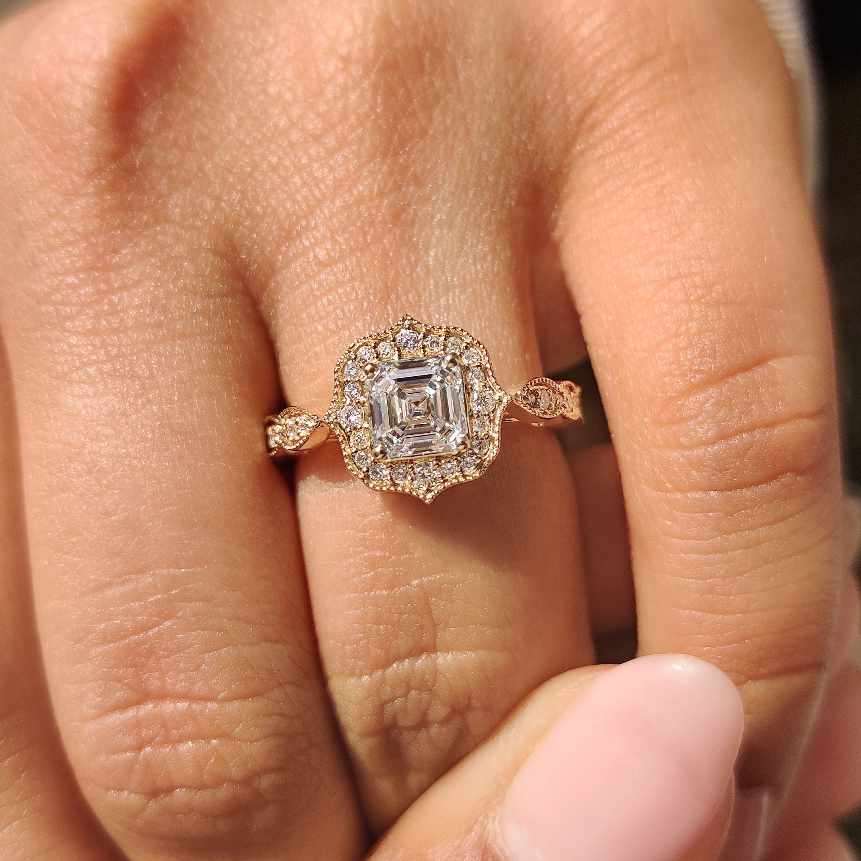 Vintage Style Asscher Cut Diamond Ring in Milgrain Details