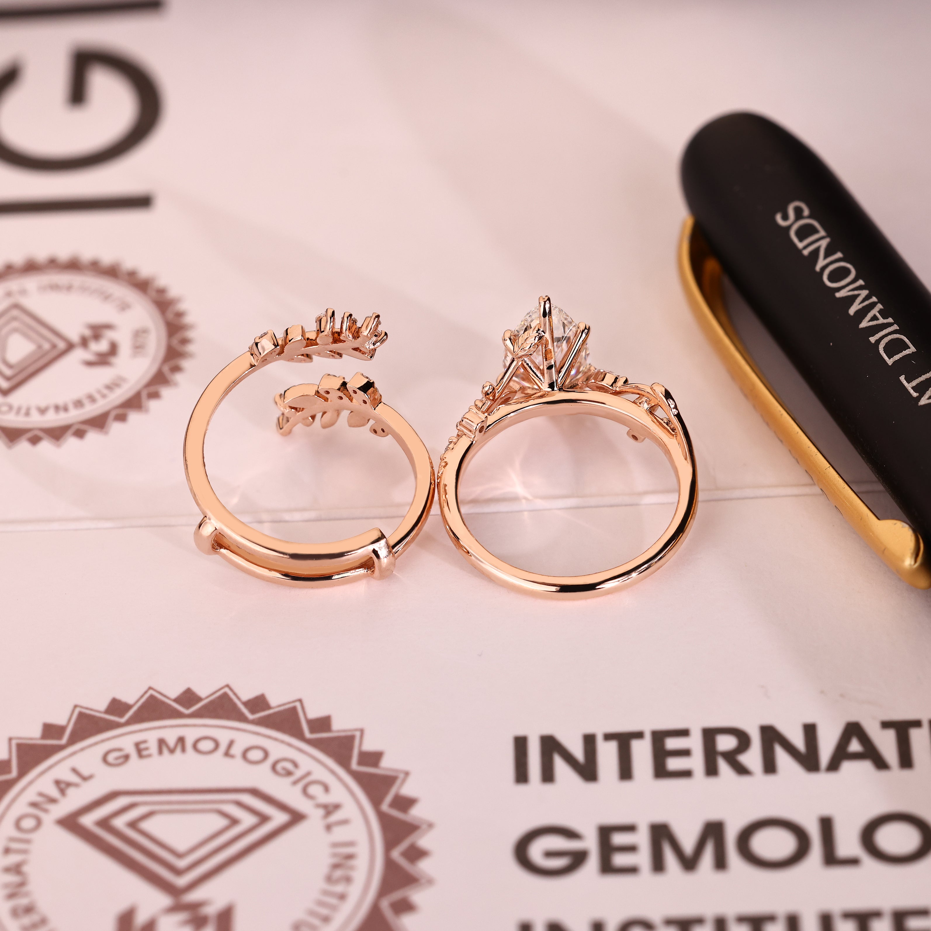 Pear Shaped Engagement Ring With Wedding Band In Nature Inspired Style