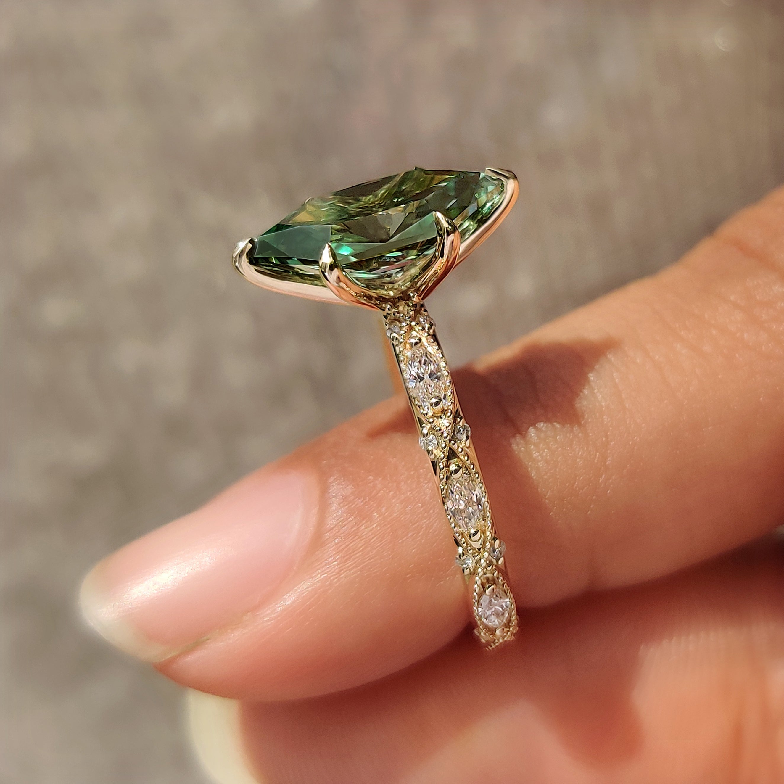 Green Dutch Marquise Engagement Ring with Milgrain Details