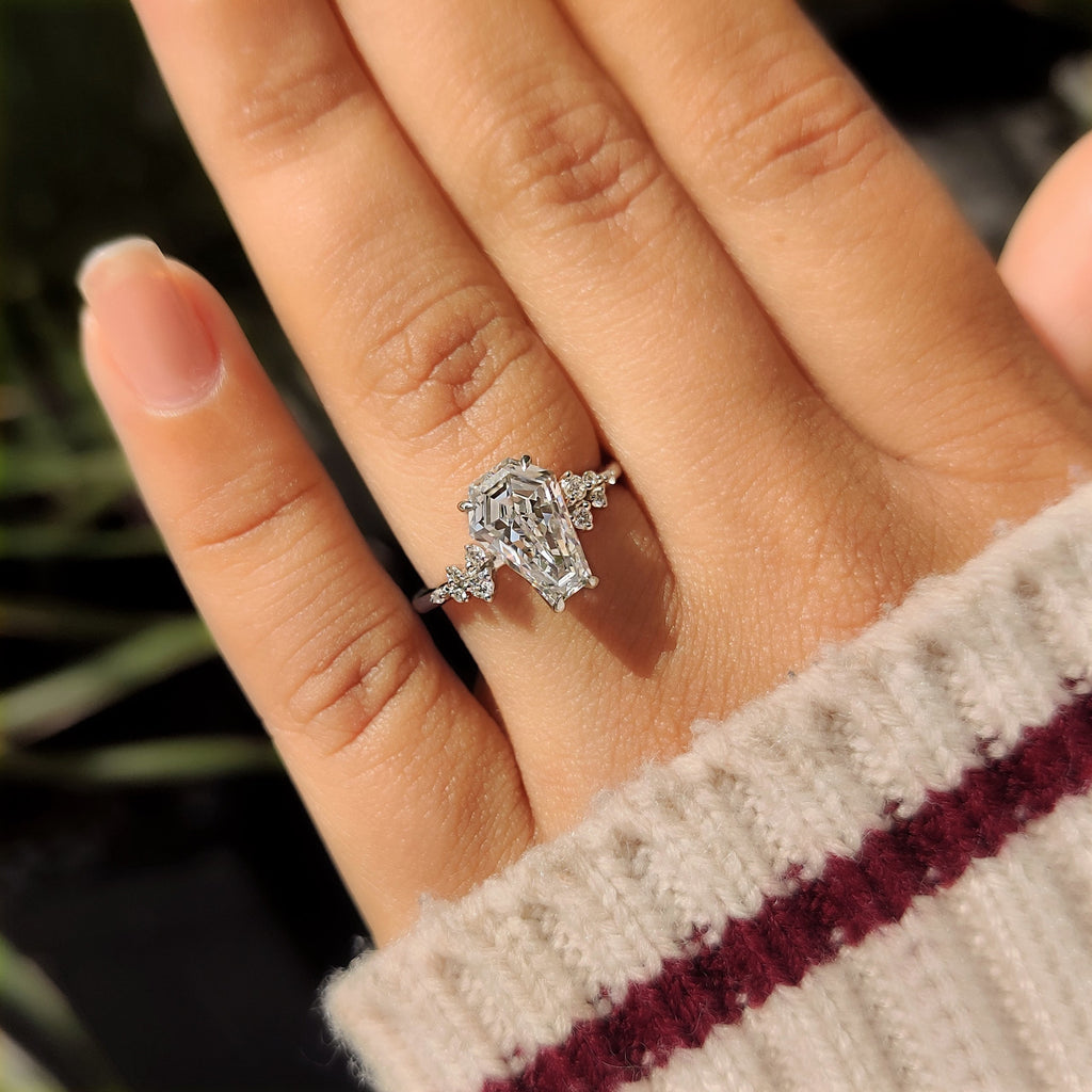 Coffin Cut Engagement Ring with Round Side Stone