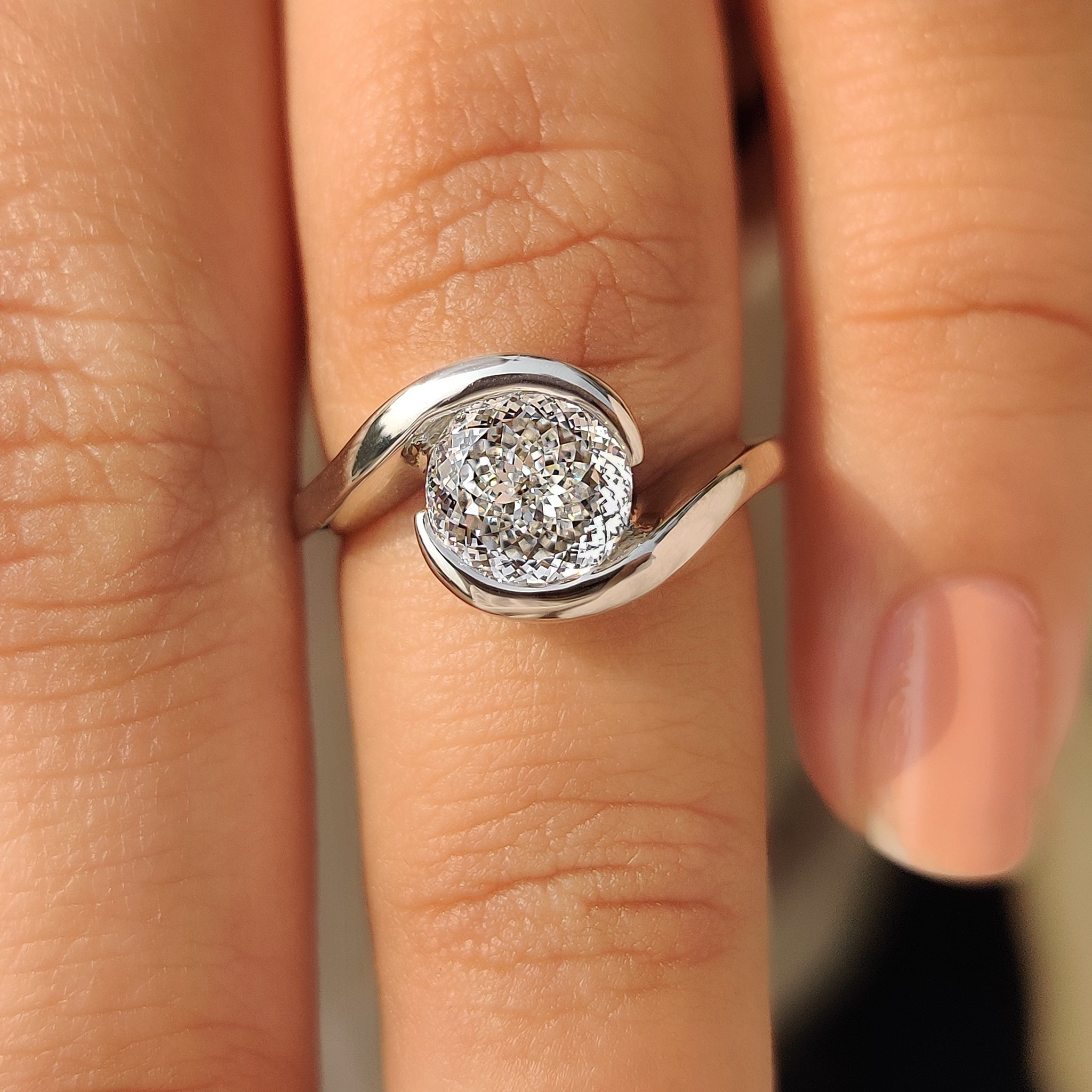 Solitaire Portuguese Cut Diamond Ring in Half Bezel