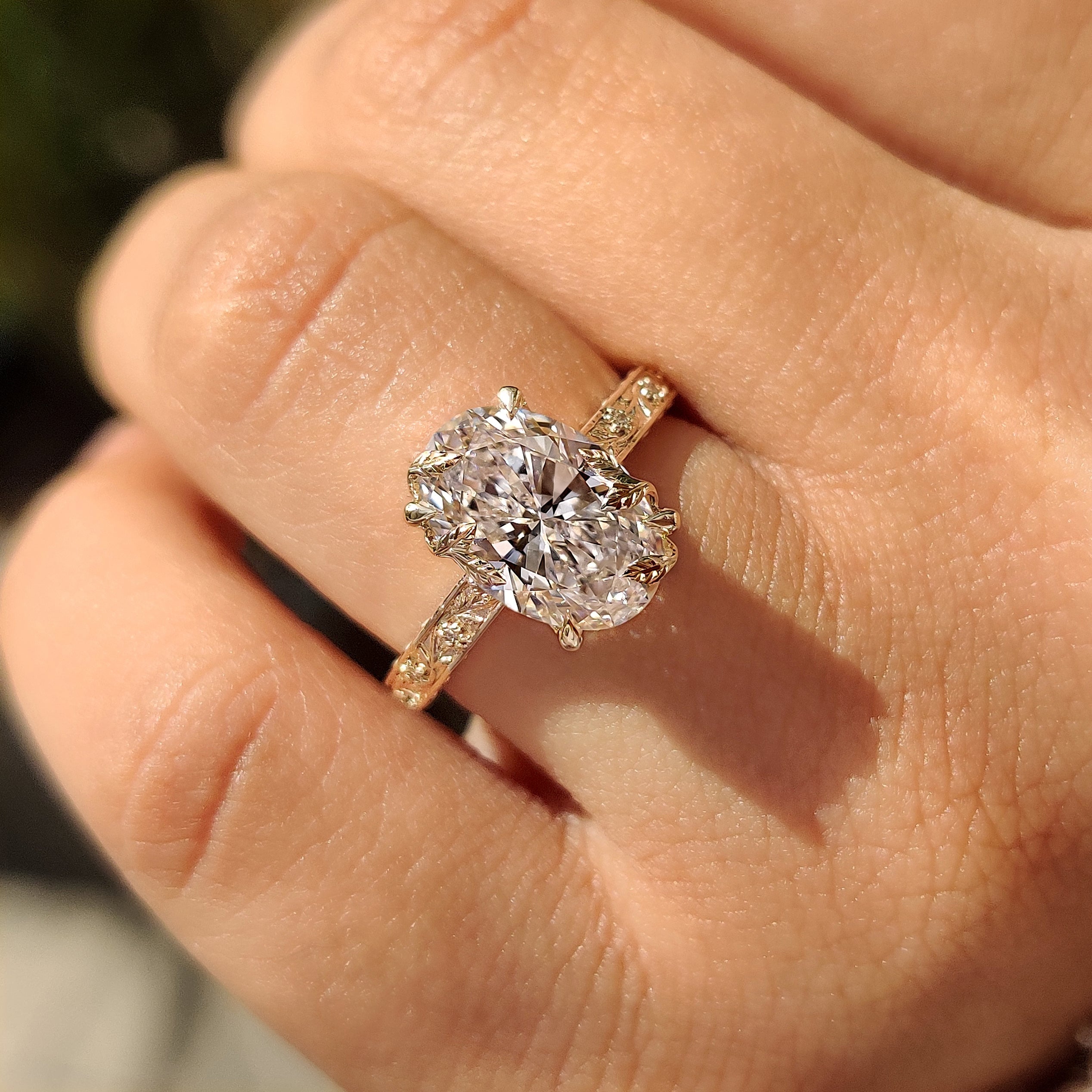 Oval Cut Nature Inspired Engagement Ring In Euro Shank