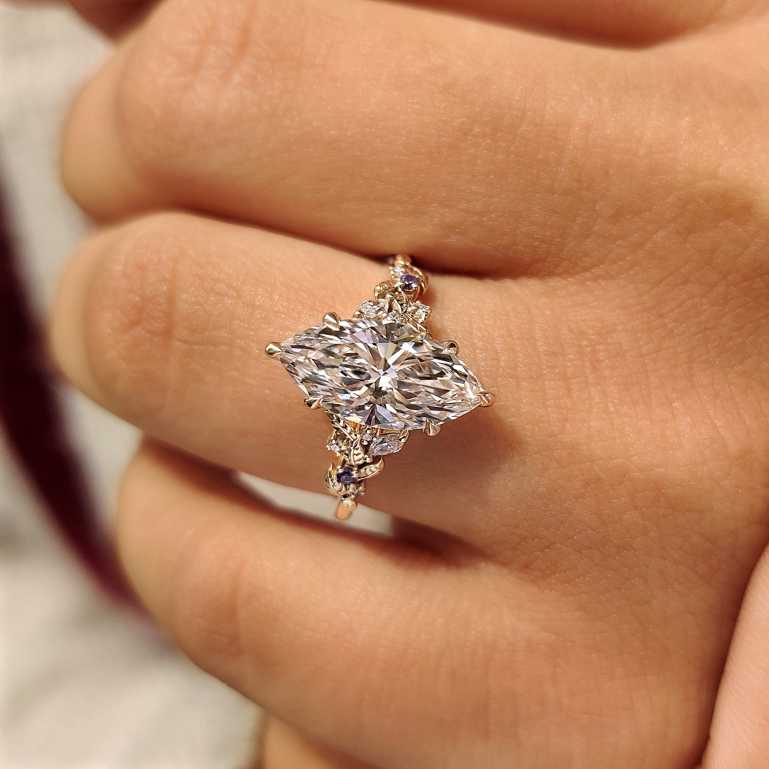 Marquise Diamond Ring in Nature Inspired Style with Amethyst Gemstone