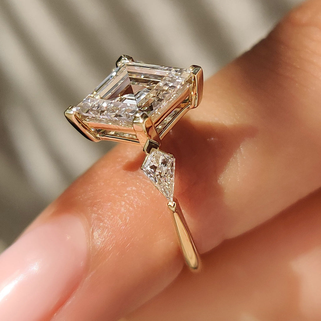 Lozenge Cut Engagement Ring with Kite Cut Side Stone