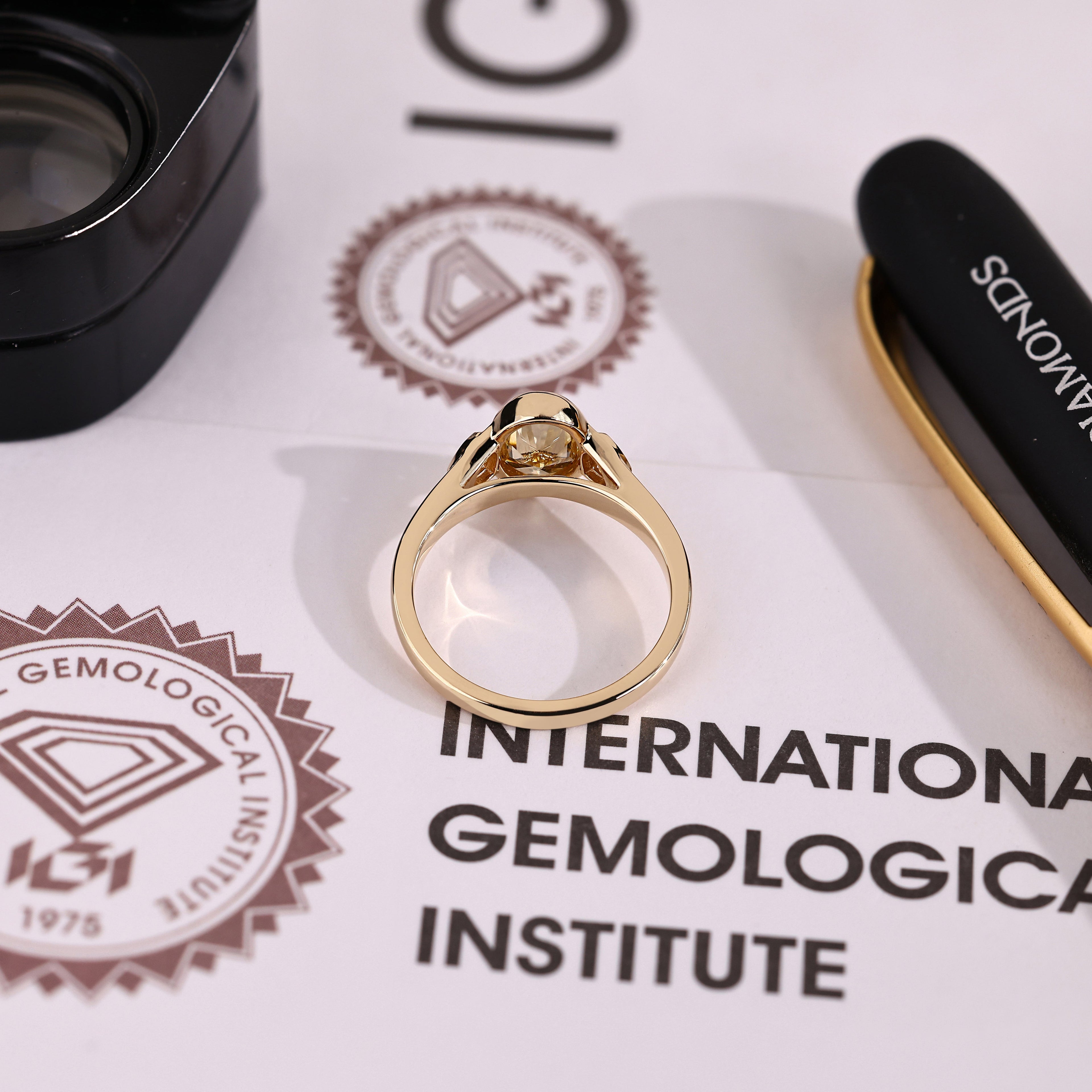 Three Stone Yellow Oval Cut Engagement Ring With Trillion Side Stone