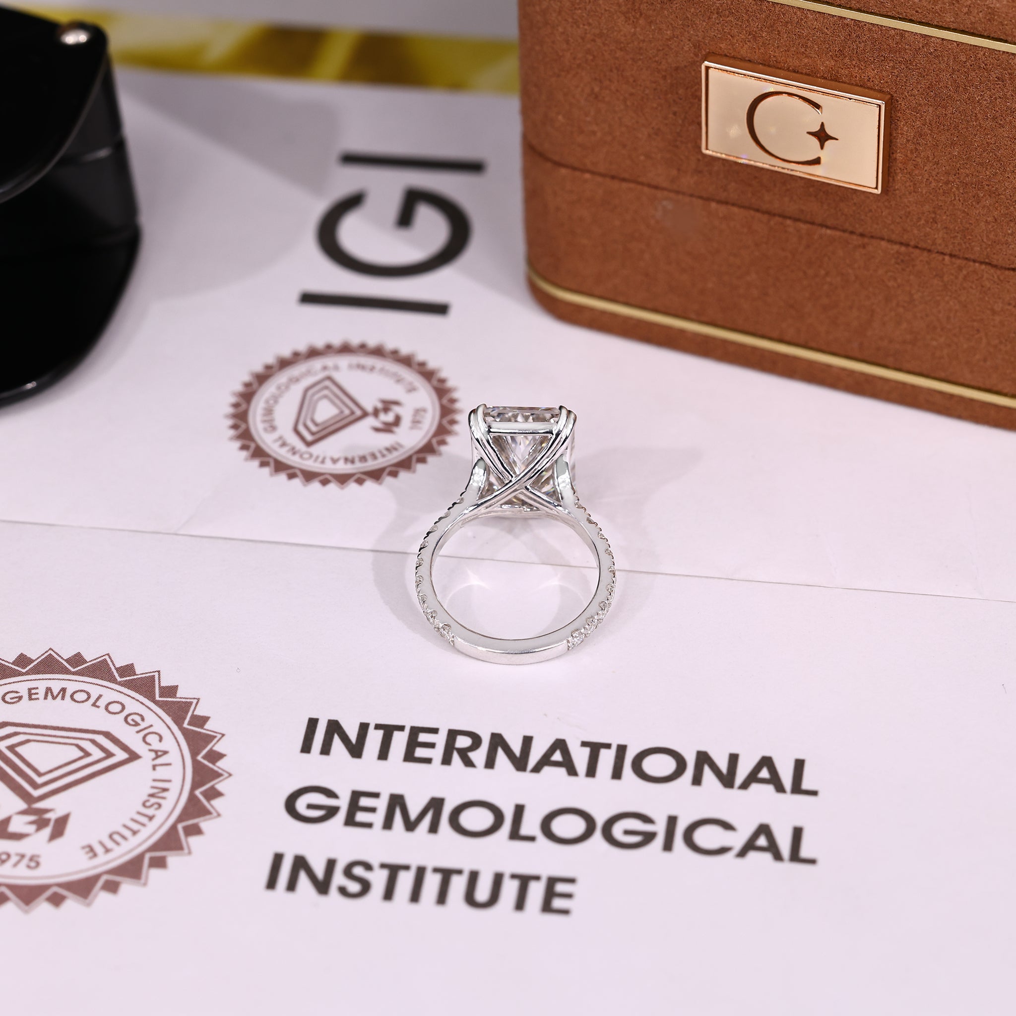 IGI Certified 10 - 12 Carat Radiant Cut Diamond Ring in Trellis Setting