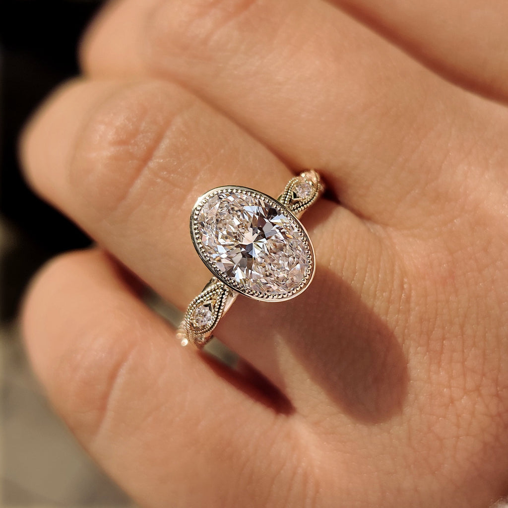 Oval Bezel Engagement Ring with Milgrain