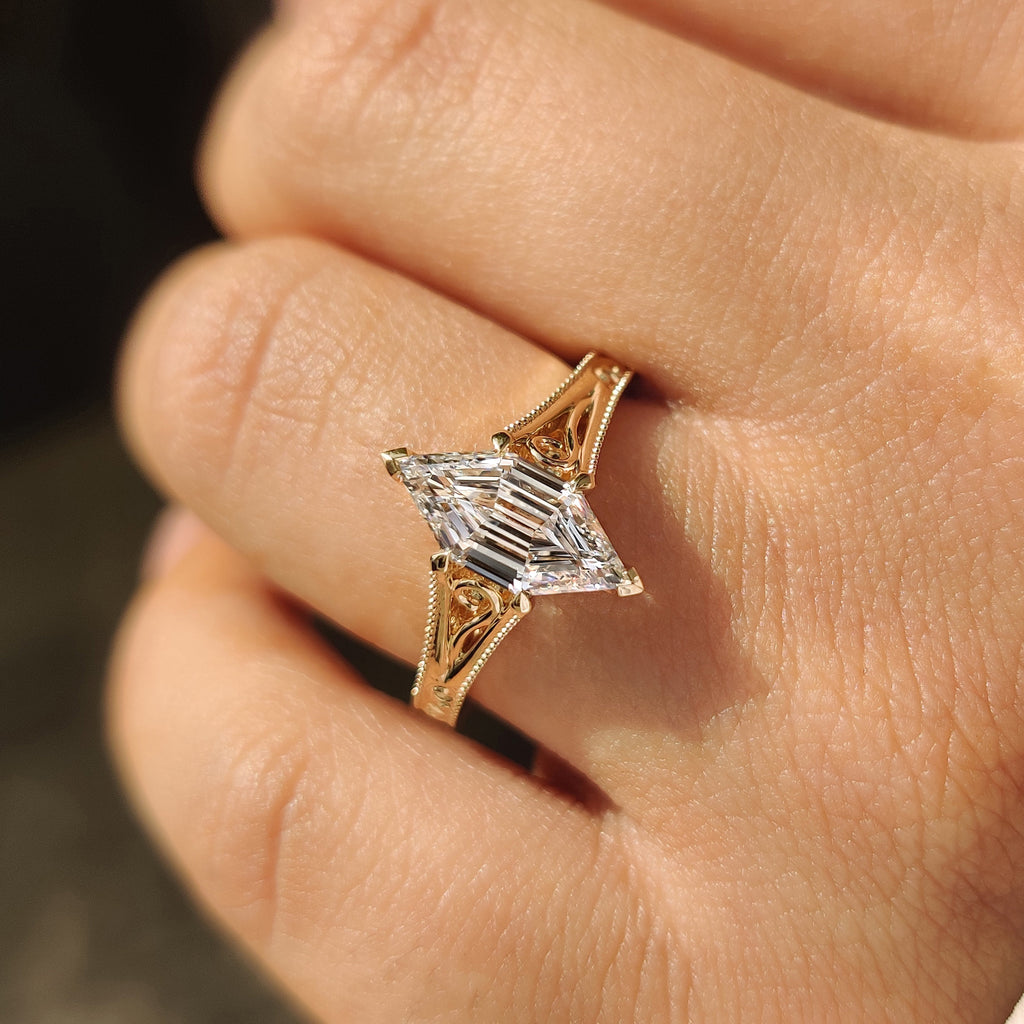 Hexagon Step Solitaire Diamond Ring In Milgrain Details