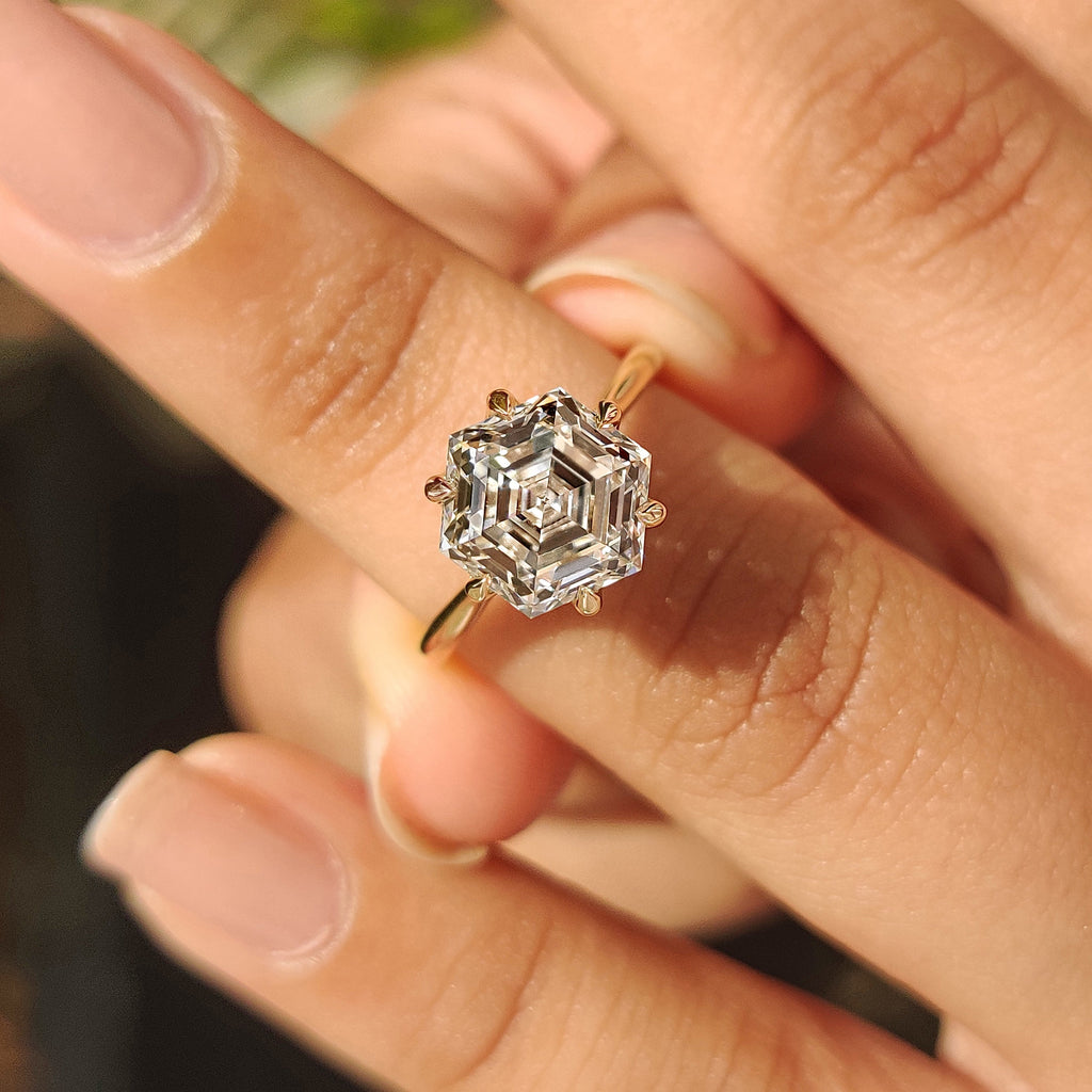 Hexagon Cut Diamond Solitaire Engagement Ring In Tulip Setting