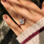 Hexagon Cut Three Stone Engagement Ring with Pink Side Stone