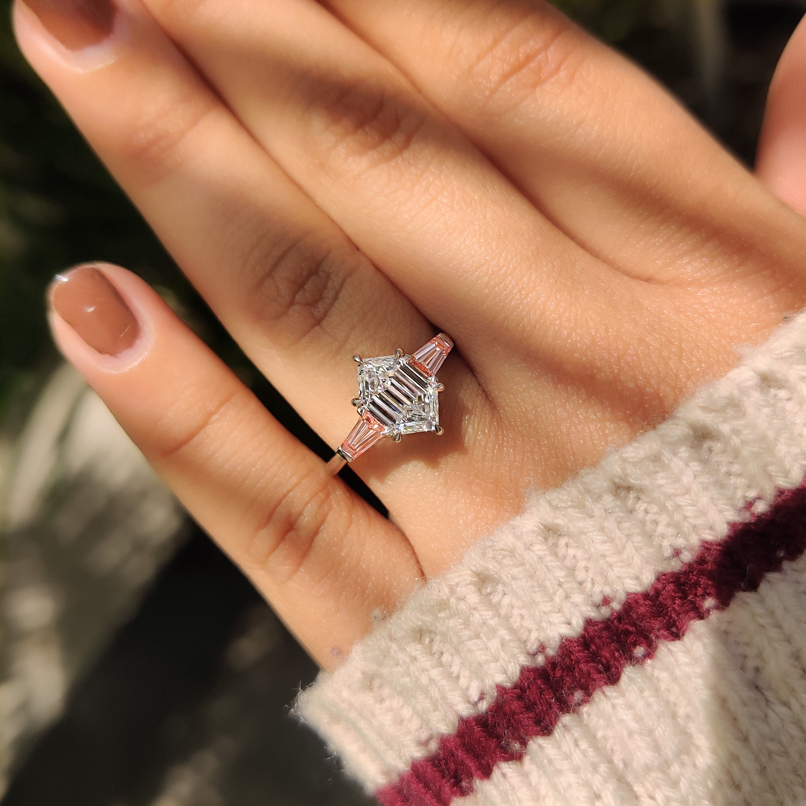 Hexagon Cut Three Stone Engagement Ring with Pink Side Stone