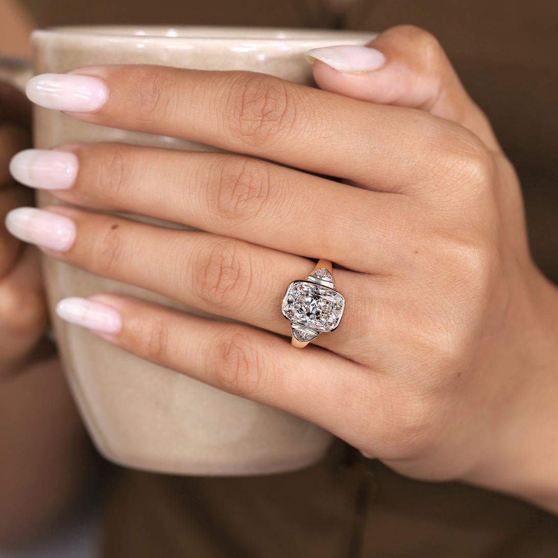 2 Carat Elongated Cushion Cut Ring in bezel setting