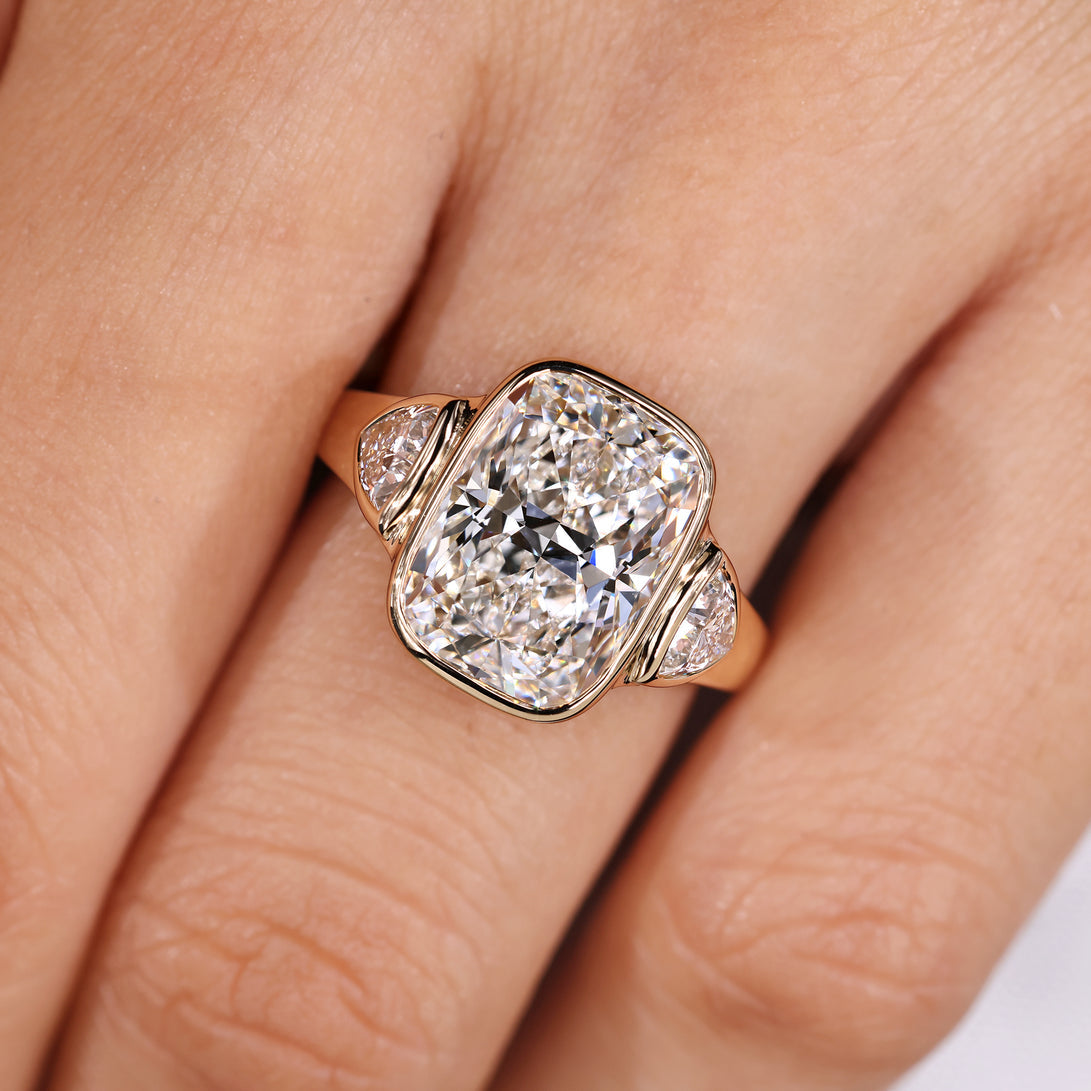 2 Carat Elongated Cushion Cut Ring in bezel setting