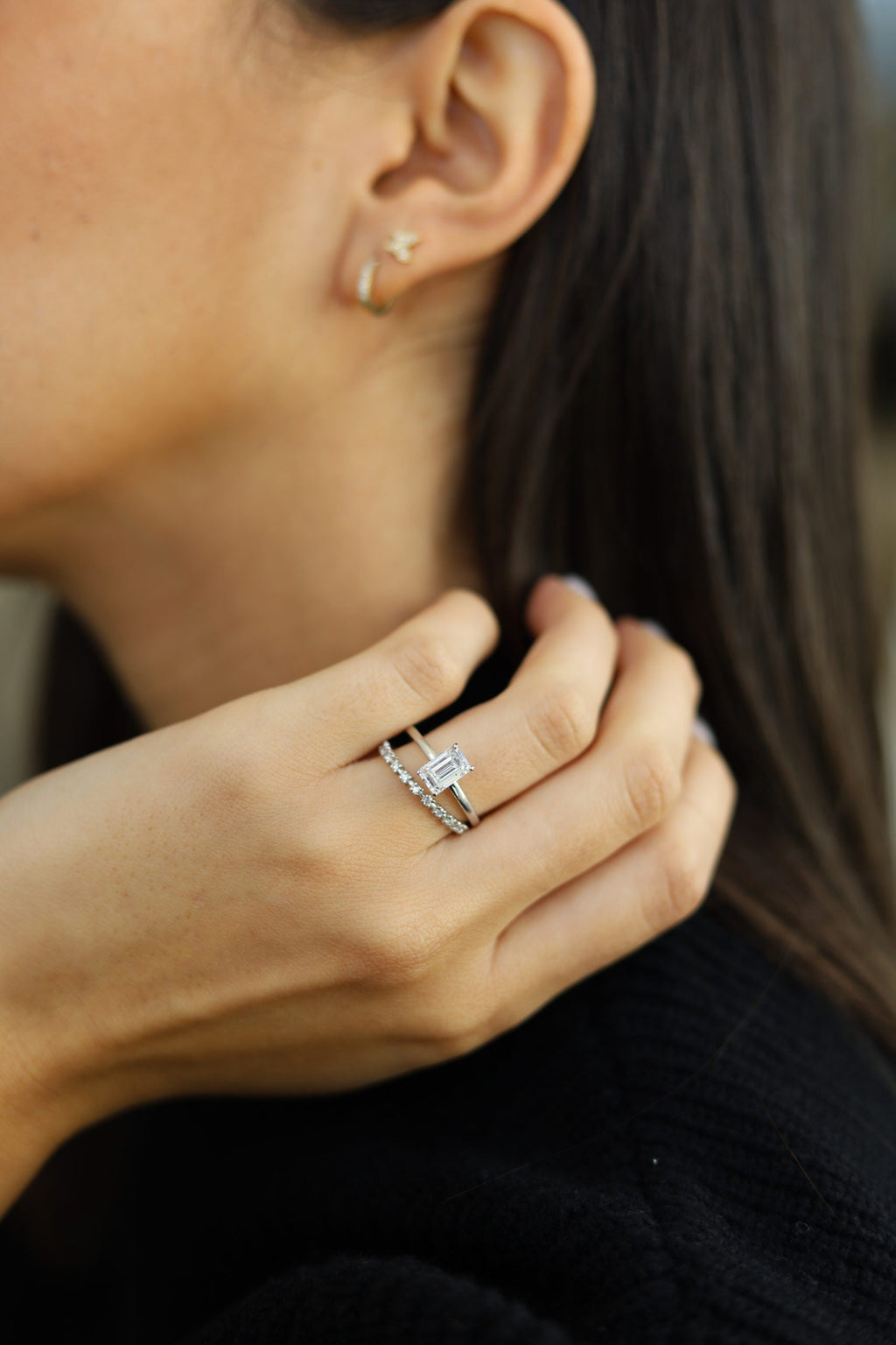 1.30 CT Emerald Cut Moissanite Hidden Halo Diamond Engagement Ring