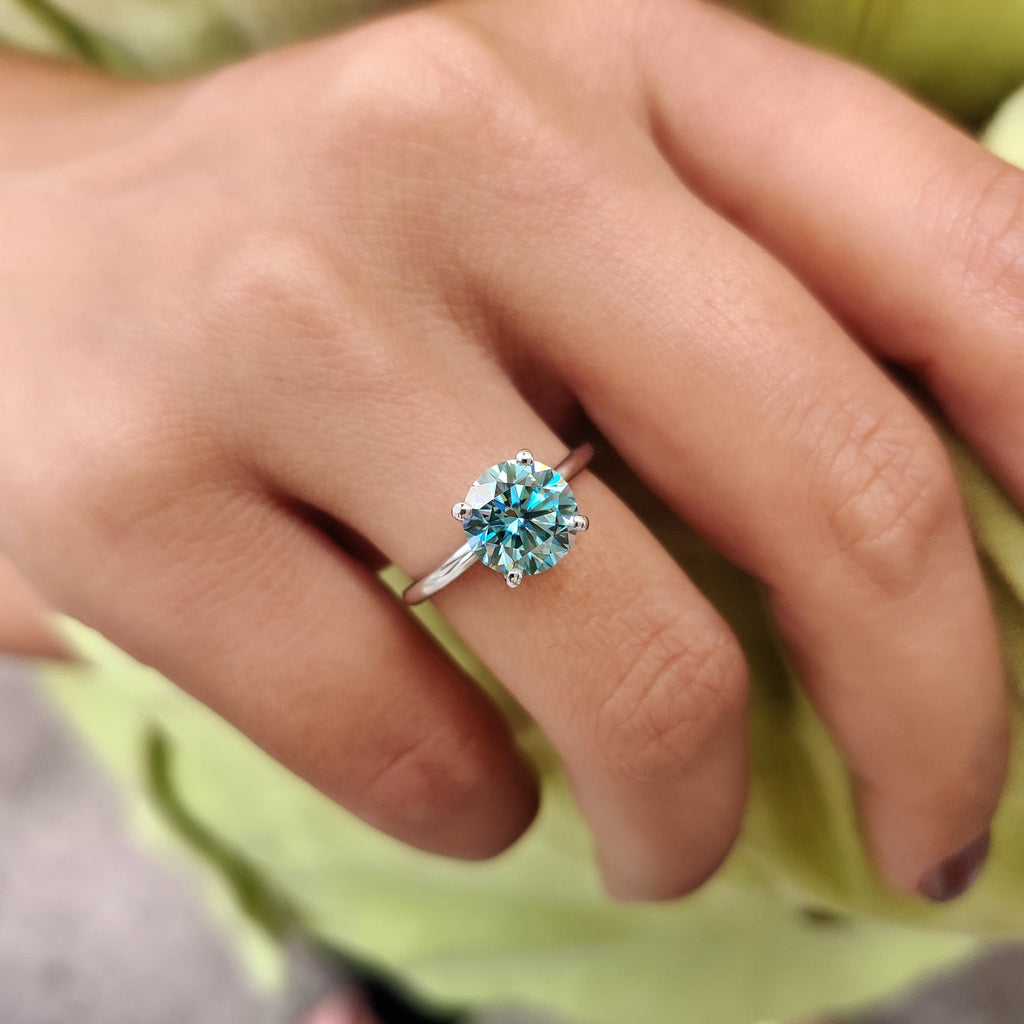 Cyan Blue Round Solitaire Engagement Ring