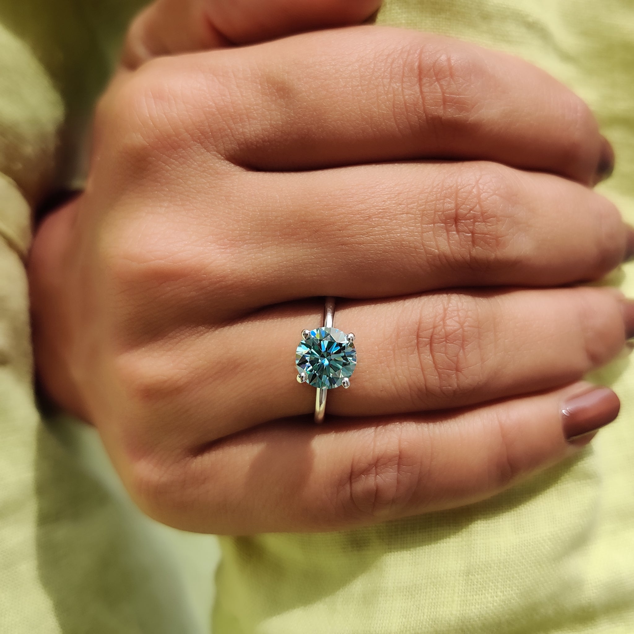 Cyan Blue Round Solitaire Engagement Ring